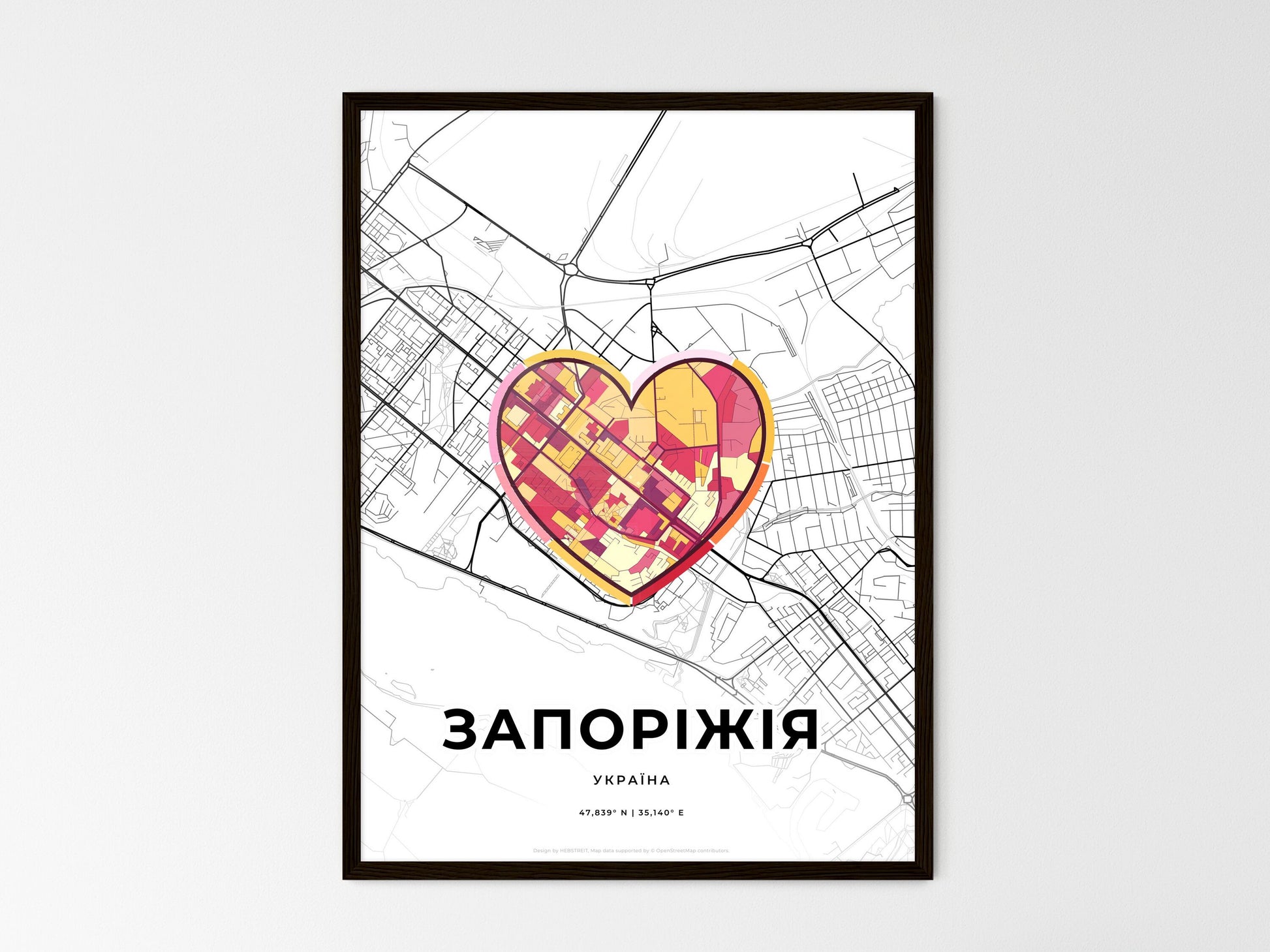 Zaporizhia Ukraine wedding art map with heart icon