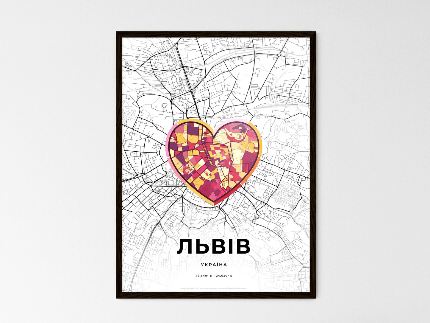 Lviv Ukraine wedding art map with heart icon