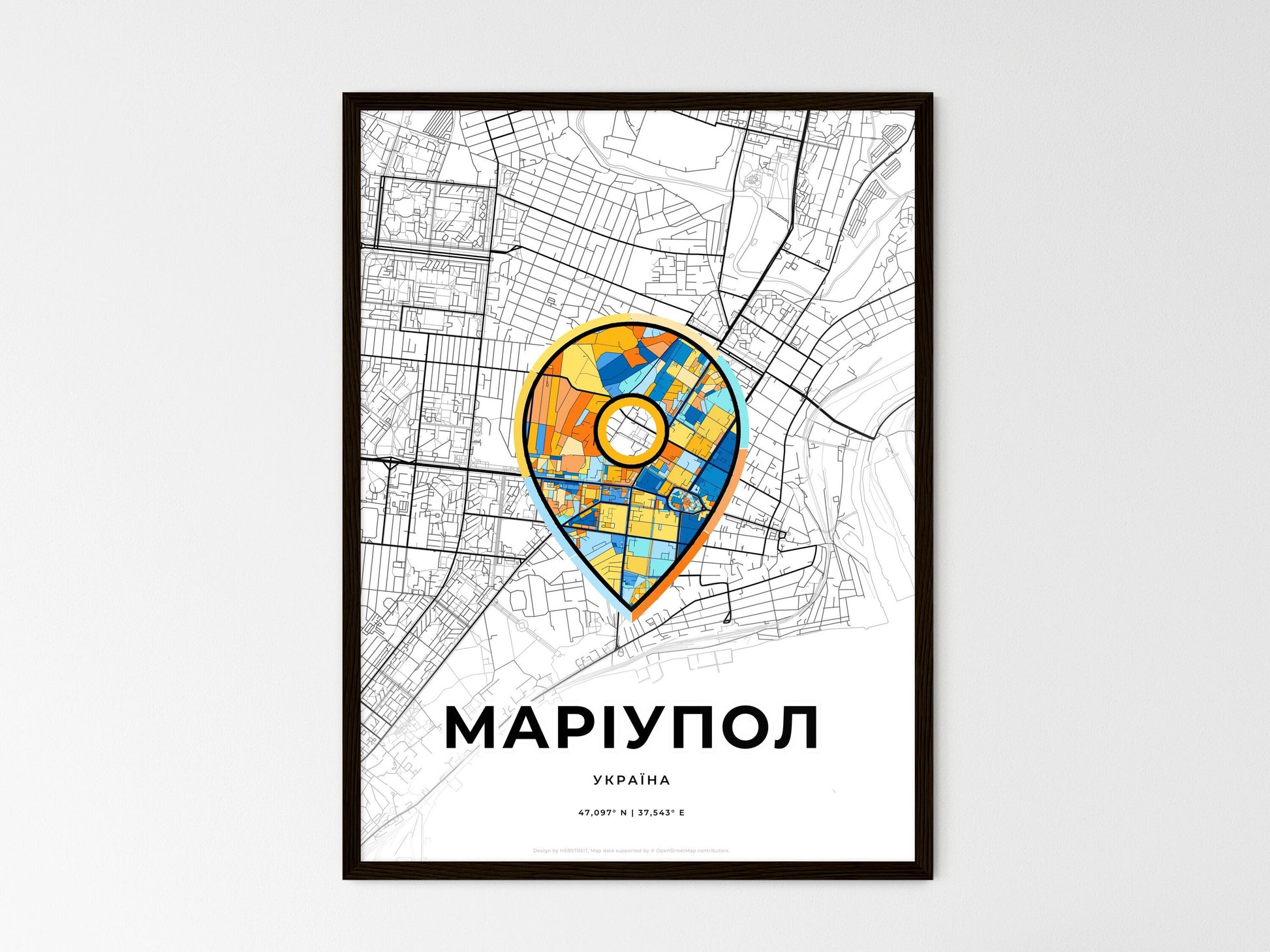 Mariupol Ukraine wedding art map with pointer icon