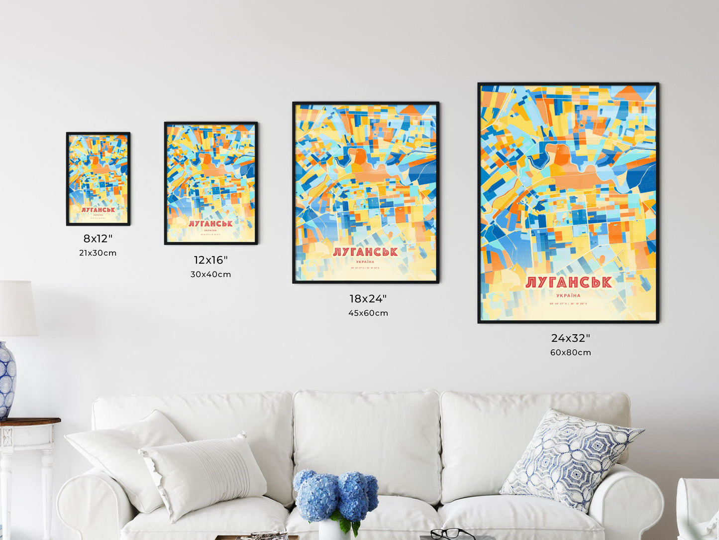 Colorful LUHANSK UKRAINE Fine Art Map Blue Orange