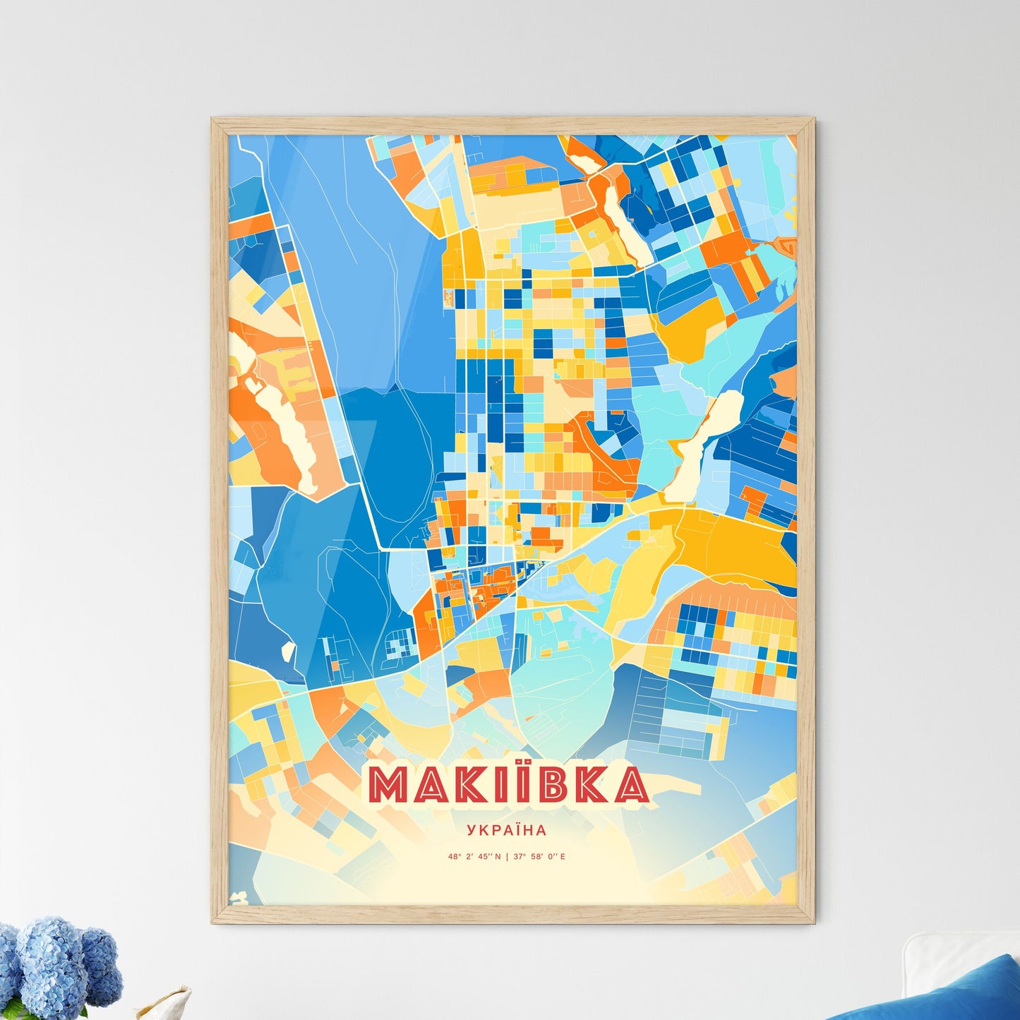 Colorful MAKIIVKA UKRAINE Fine Art Map Blue Orange