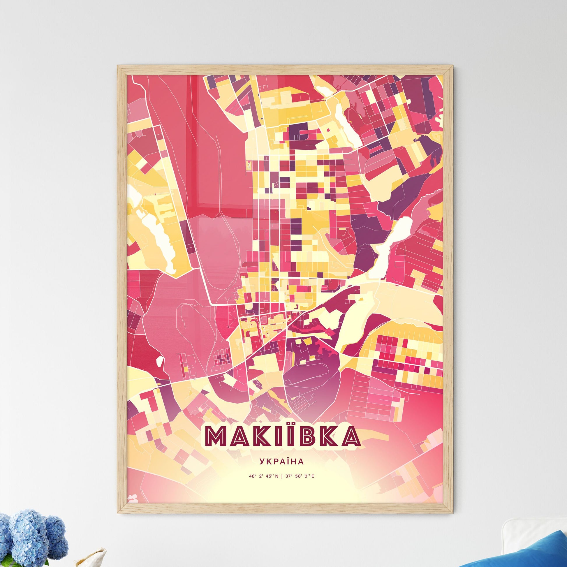 Colorful MAKIIVKA UKRAINE Fine Art Map Hot Red