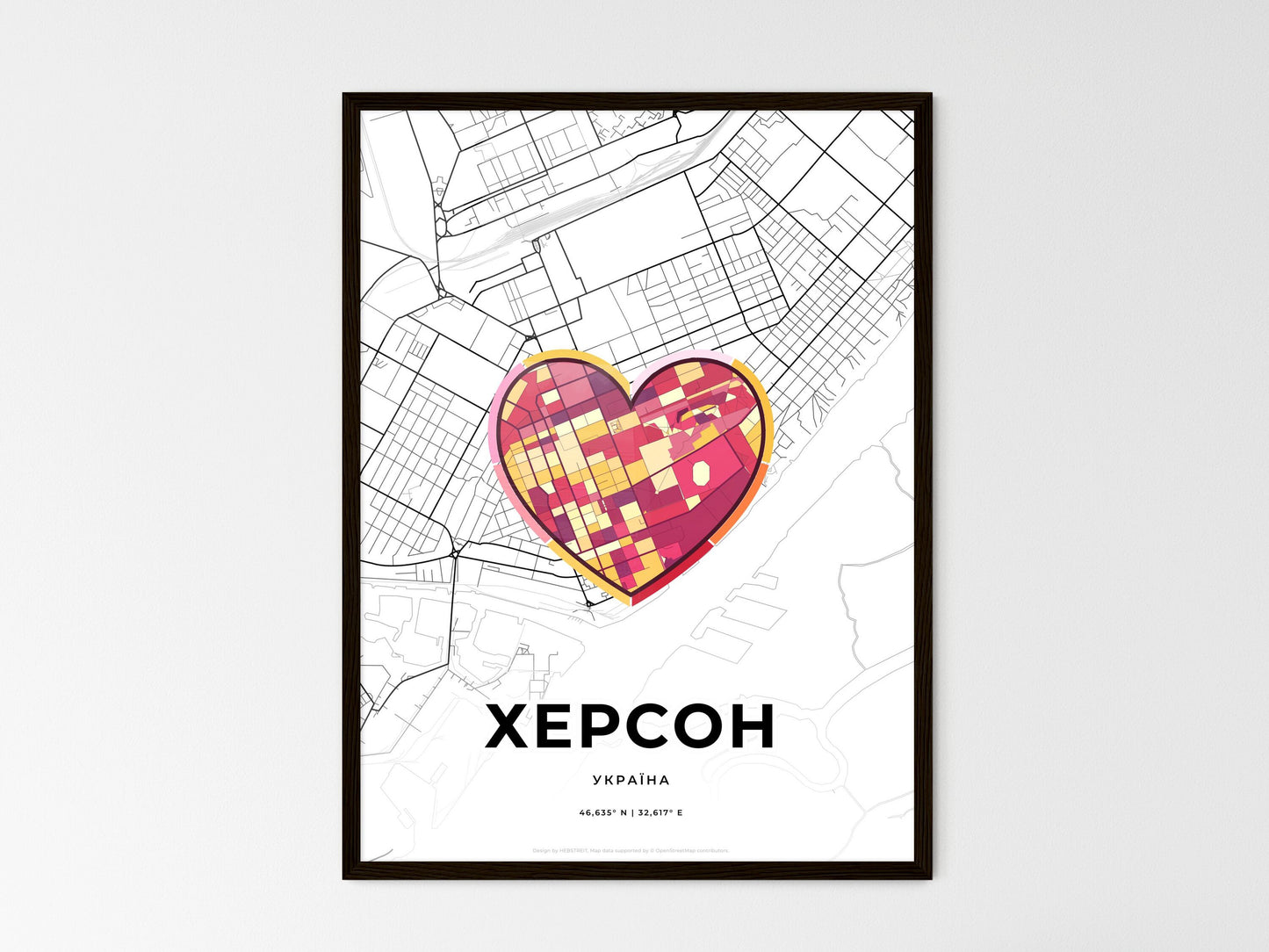 Kherson Ukraine wedding art map with heart icon