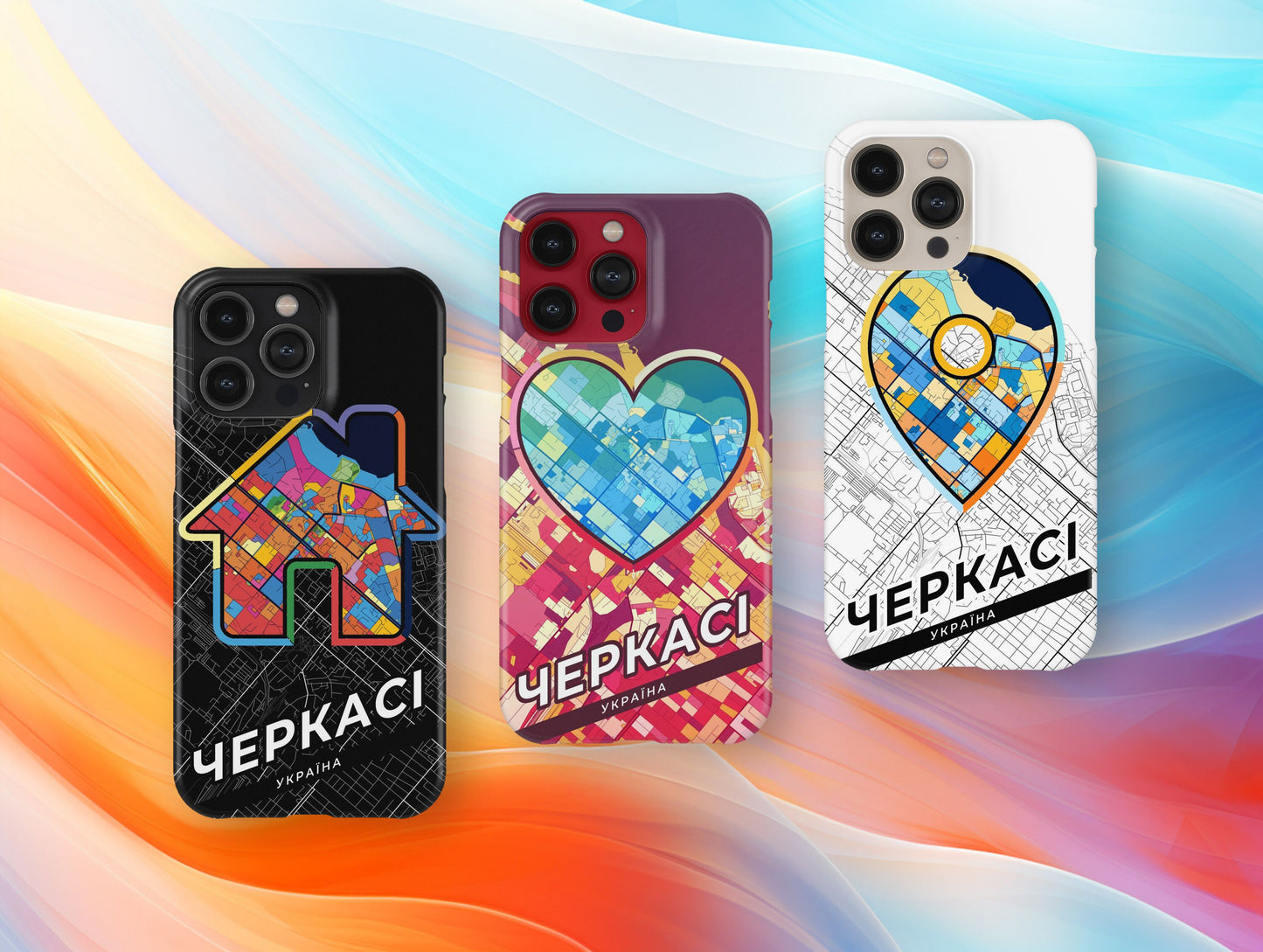 Cherkasy Ukraine slim phone case with colorful icon. Birthday, wedding or housewarming gift. Couple match cases.