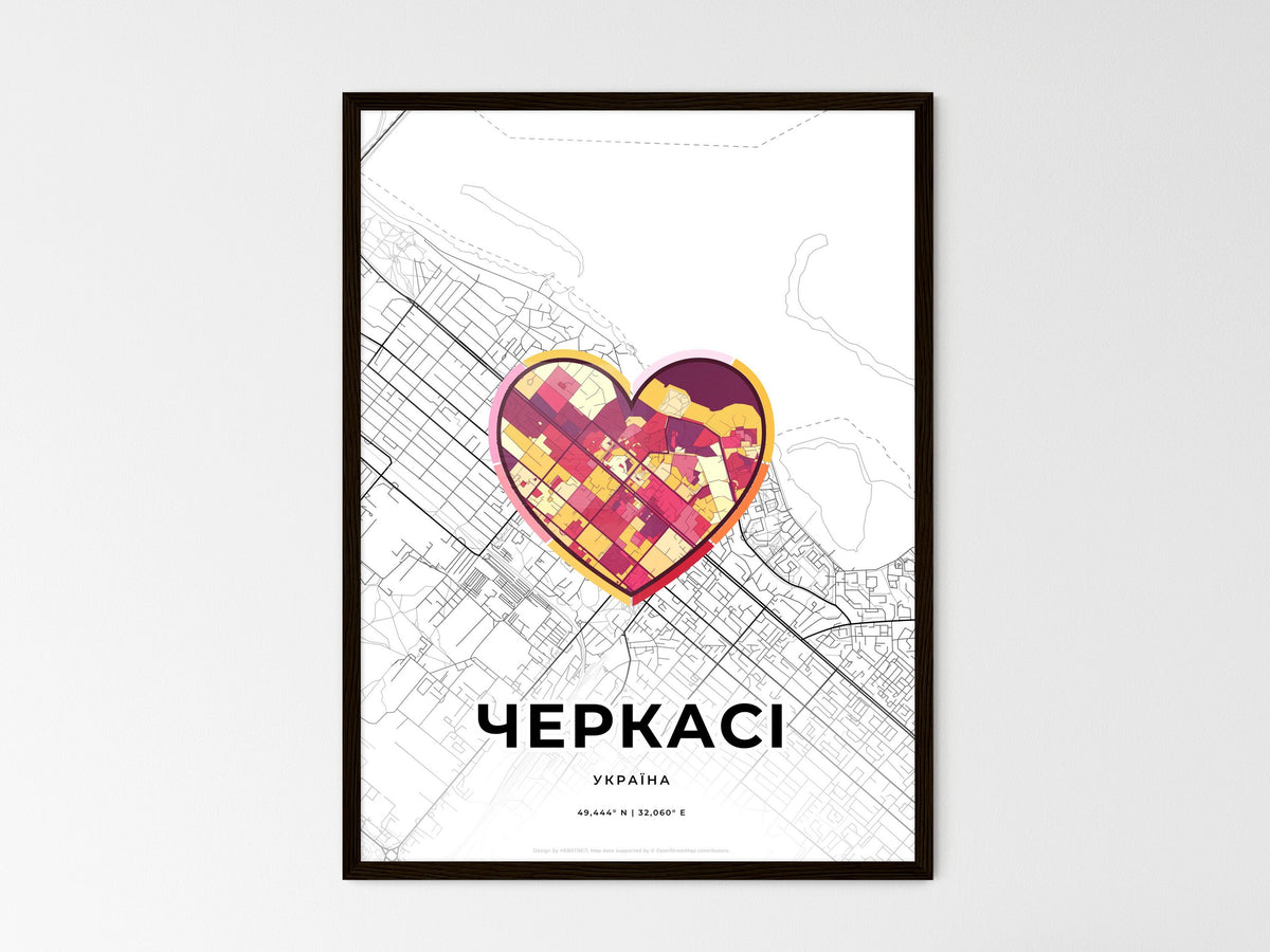 Cherkasy Ukraine wedding art map with heart icon
