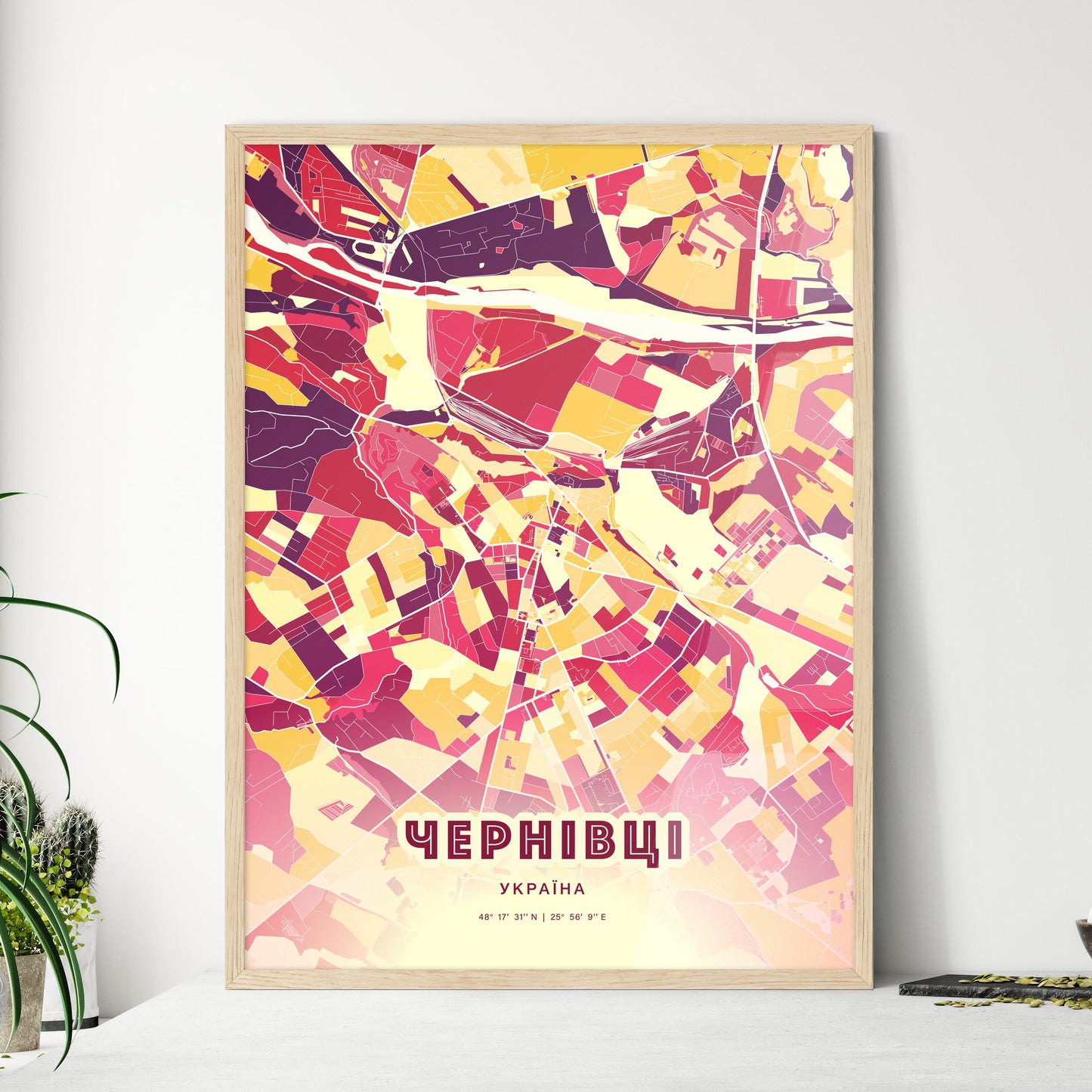 Colorful CHERNIVTSI UKRAINE Fine Art Map Hot Red