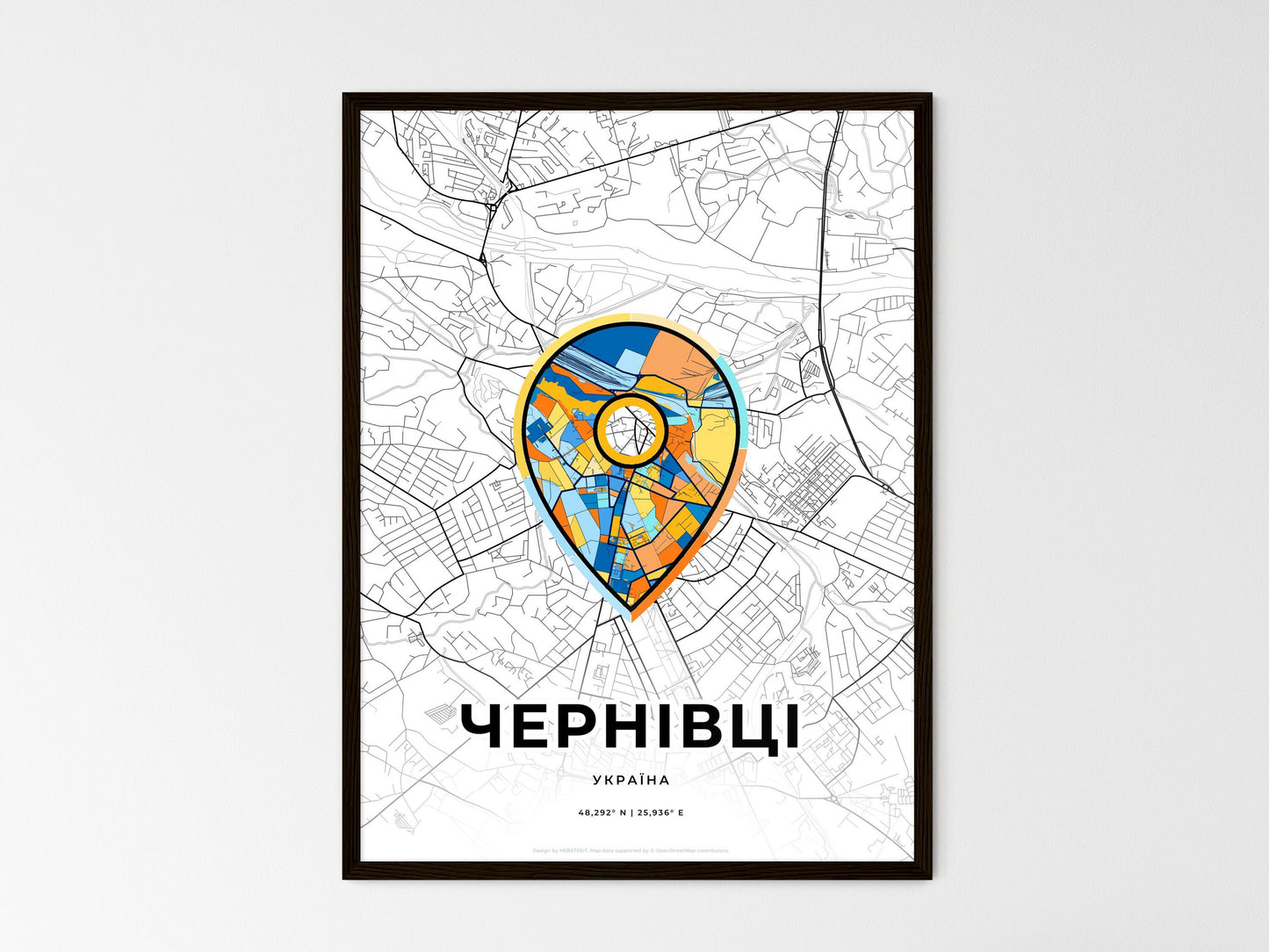 Chernivtsi Ukraine wedding art map with pointer icon
