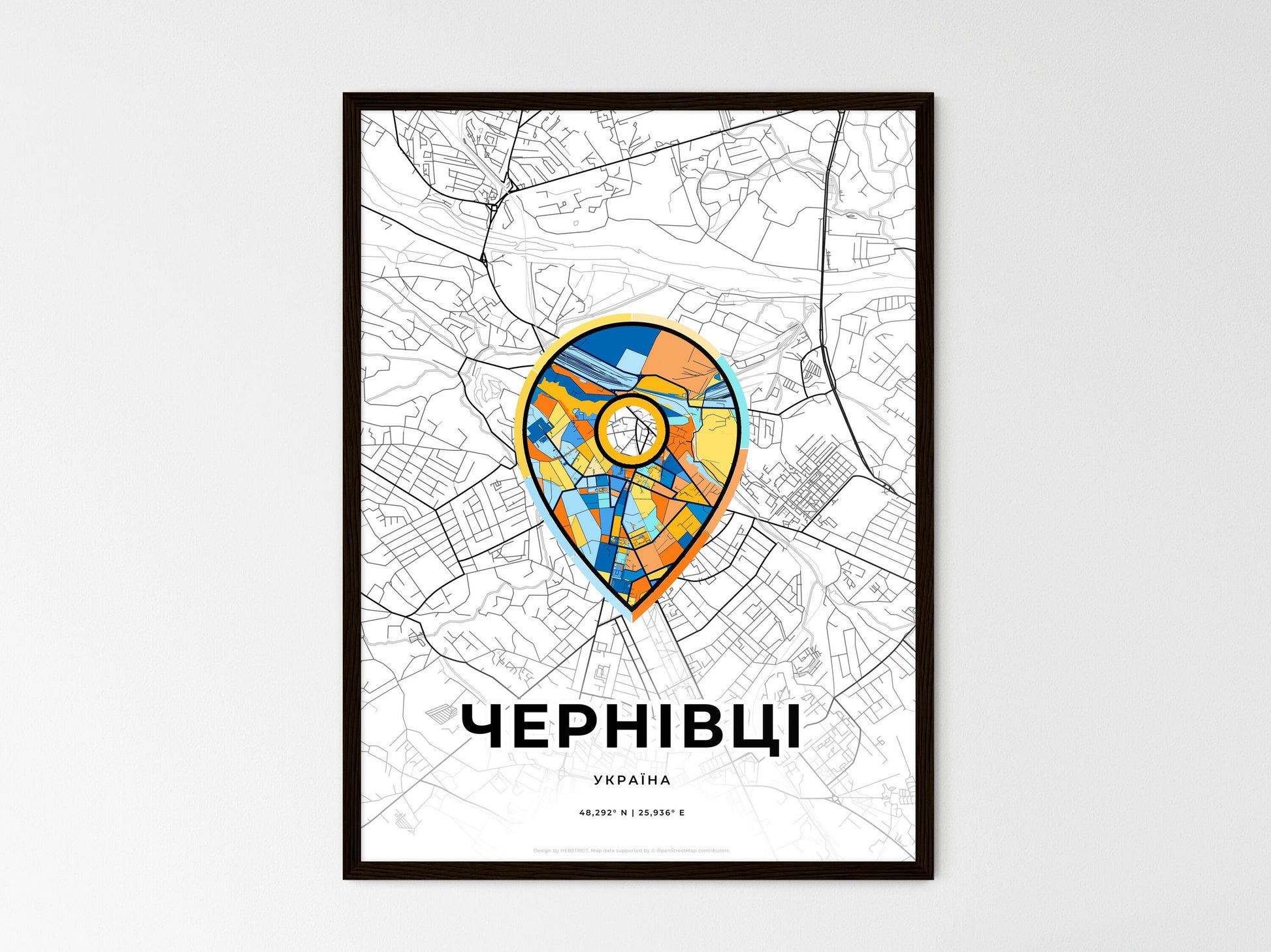 Chernivtsi Ukraine wedding art map with pointer icon