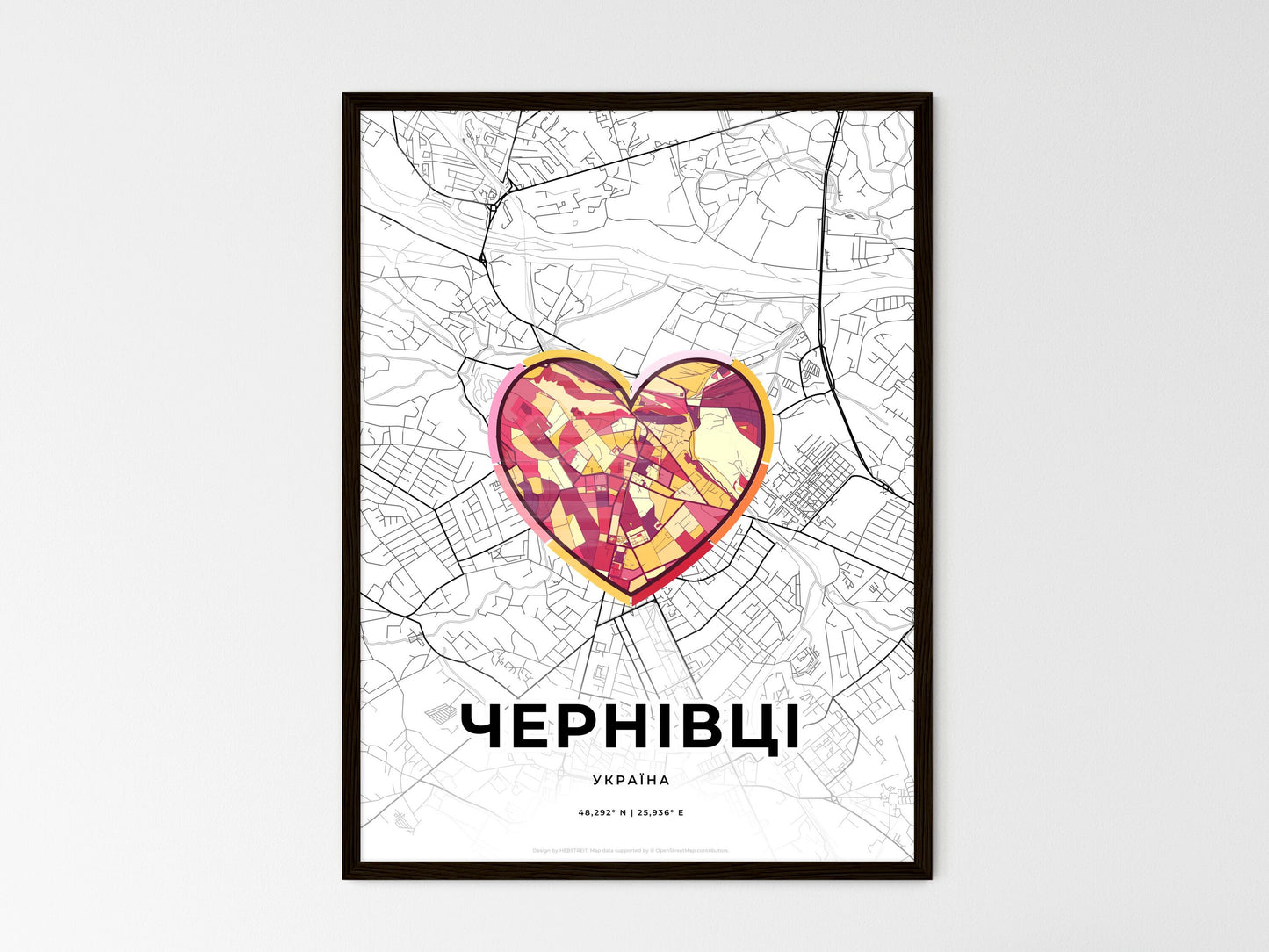 Chernivtsi Ukraine wedding art map with heart icon