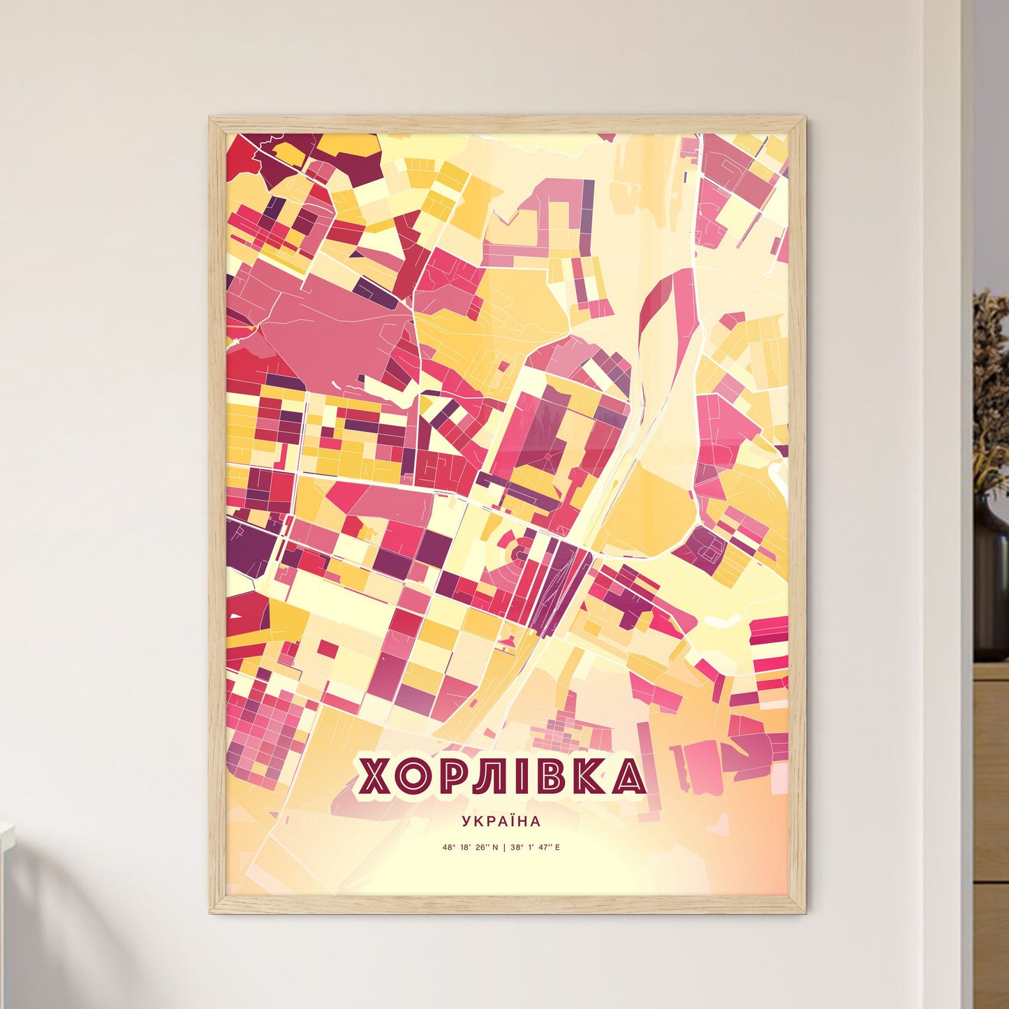 Colorful HORLIVKA UKRAINE Fine Art Map Hot Red