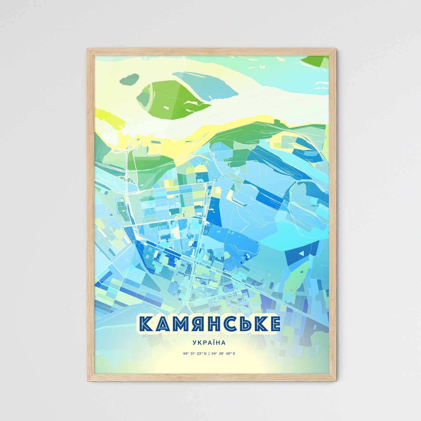 Colorful KAMIANSKE UKRAINE Fine Art Map Cool Blue