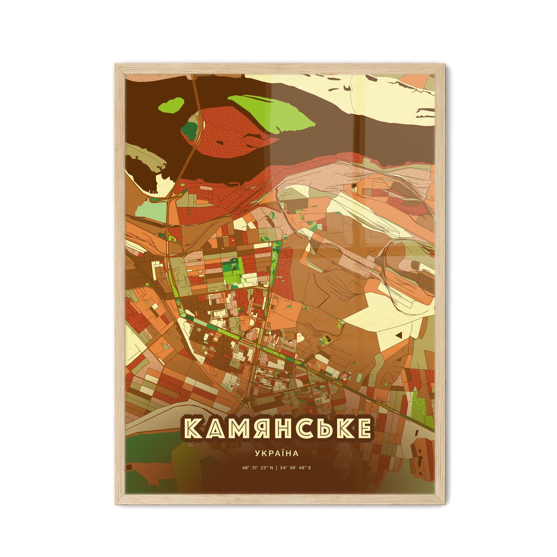 Colorful KAMIANSKE UKRAINE Fine Art Map Farmhouse