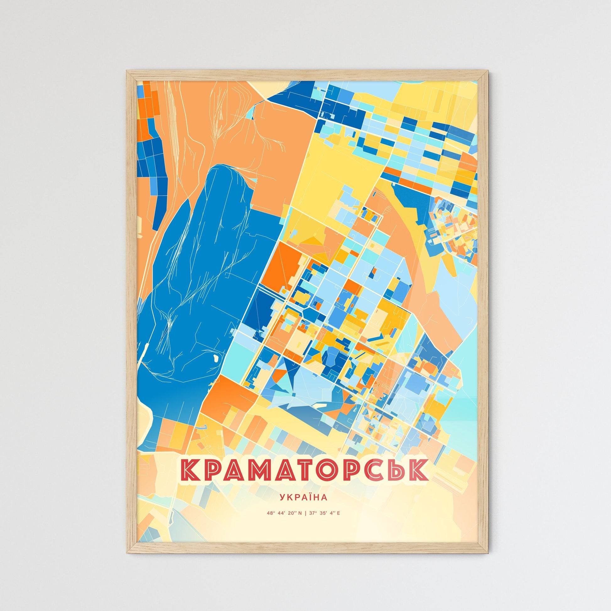 Colorful KRAMATORSK UKRAINE Fine Art Map Blue Orange