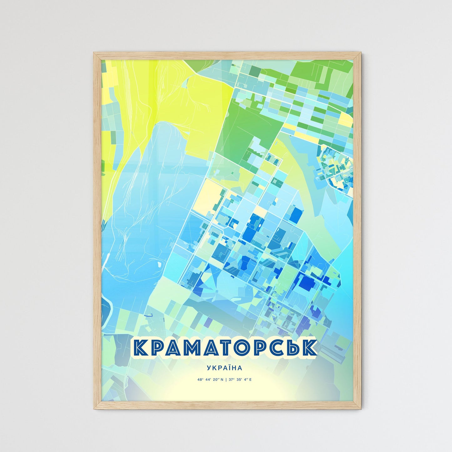 Colorful KRAMATORSK UKRAINE Fine Art Map Cool Blue