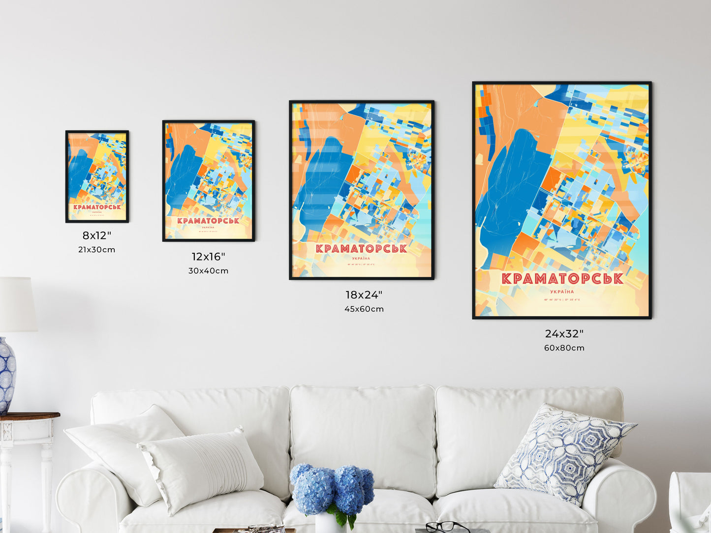 Colorful KRAMATORSK UKRAINE Fine Art Map Blue Orange