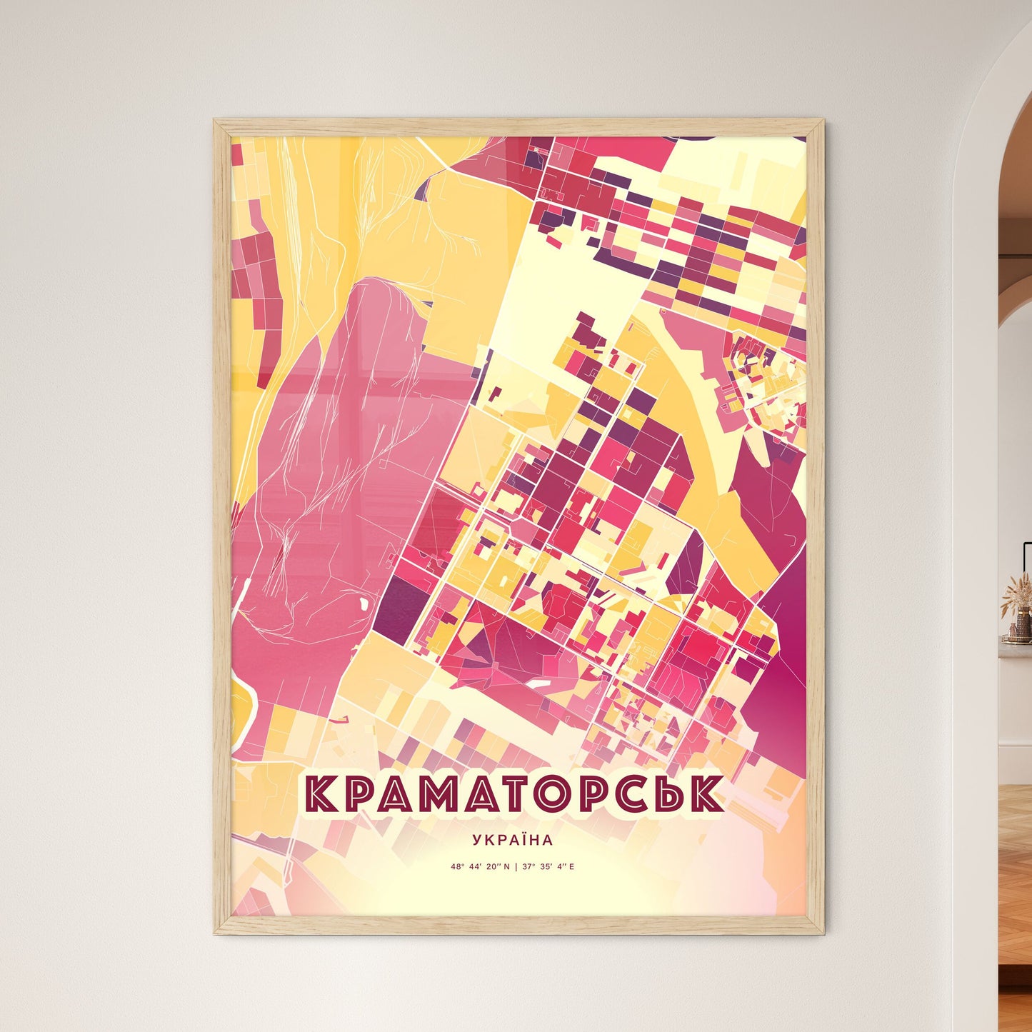 Colorful KRAMATORSK UKRAINE Fine Art Map Hot Red