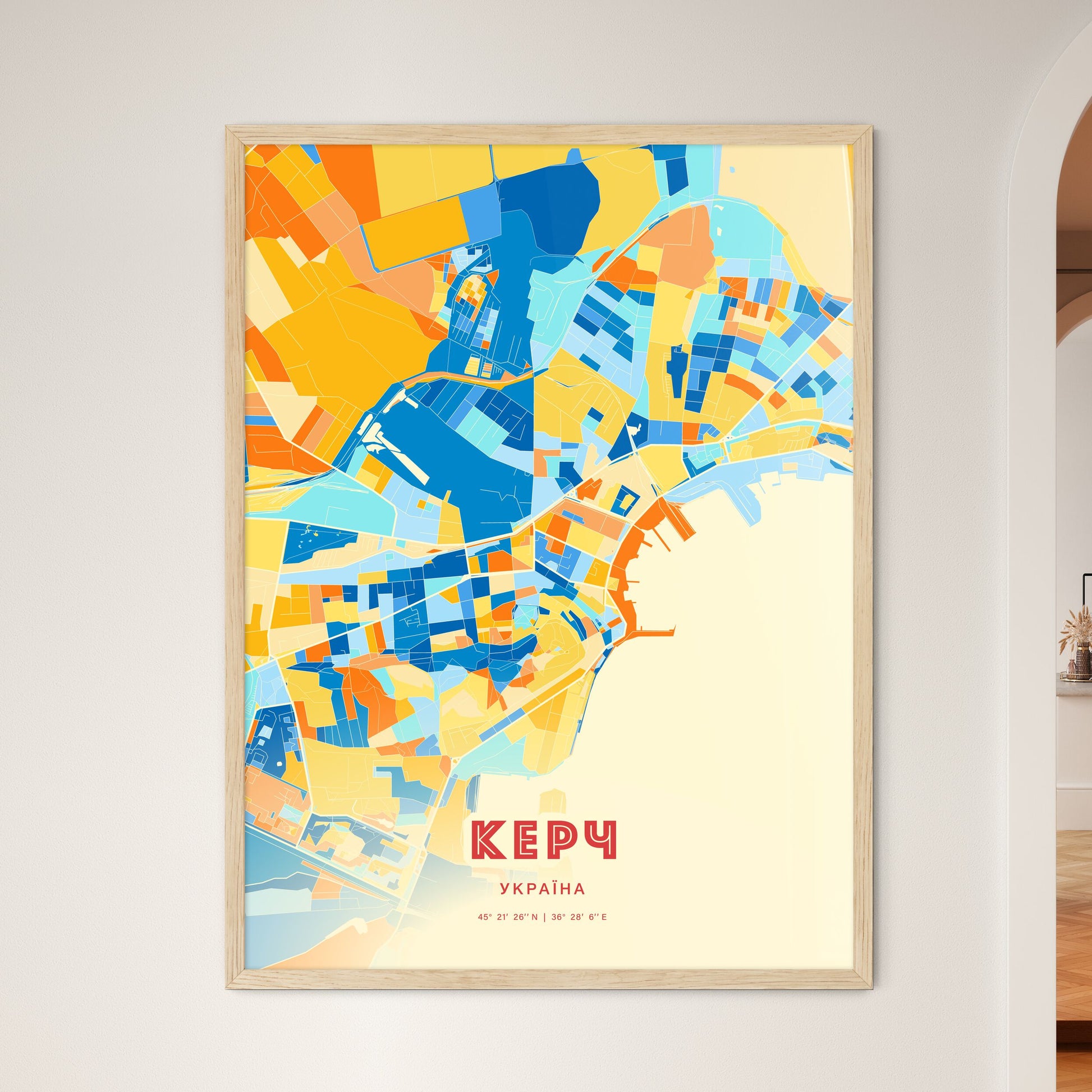 Colorful KERCH UKRAINE Fine Art Map Blue Orange