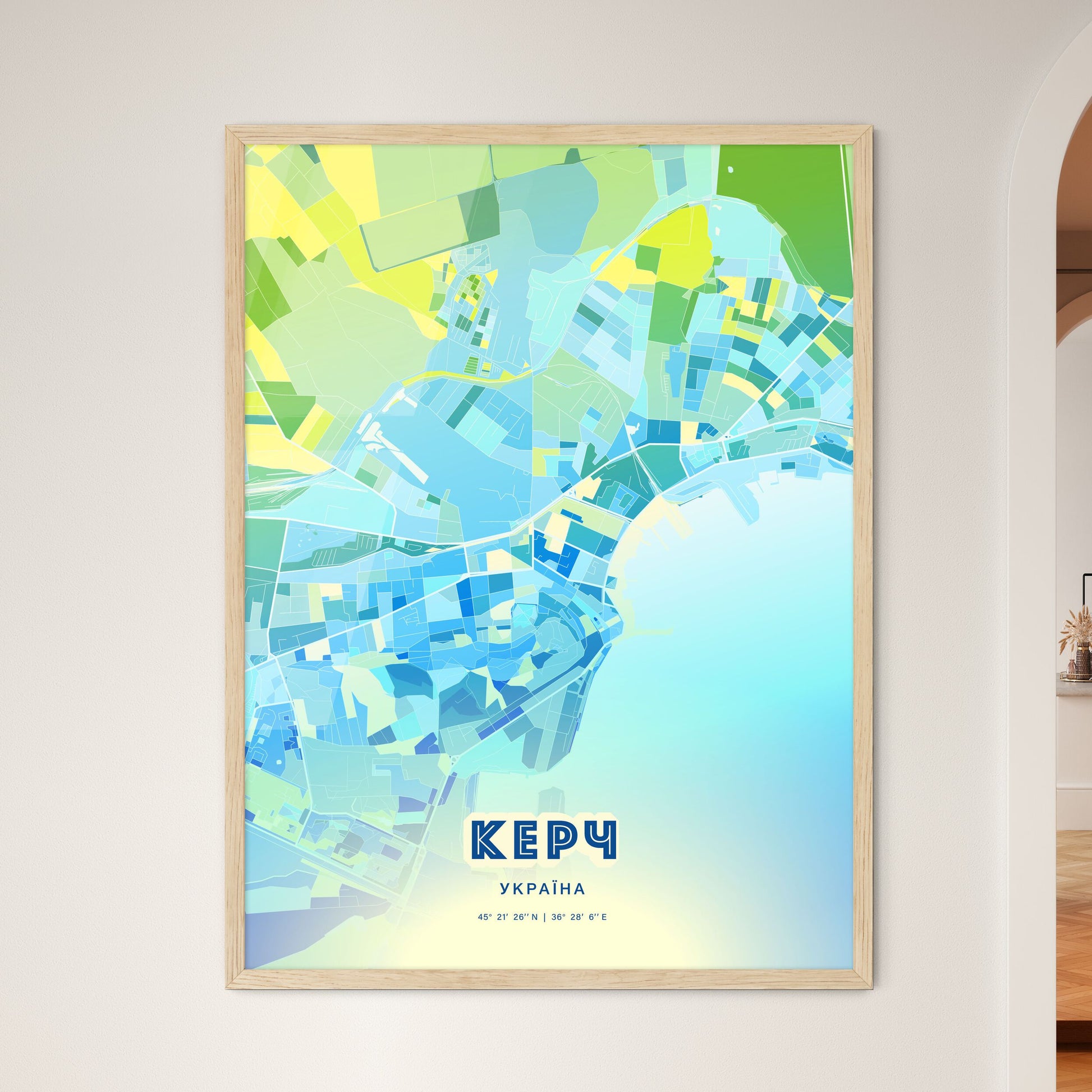 Colorful KERCH UKRAINE Fine Art Map Cool Blue