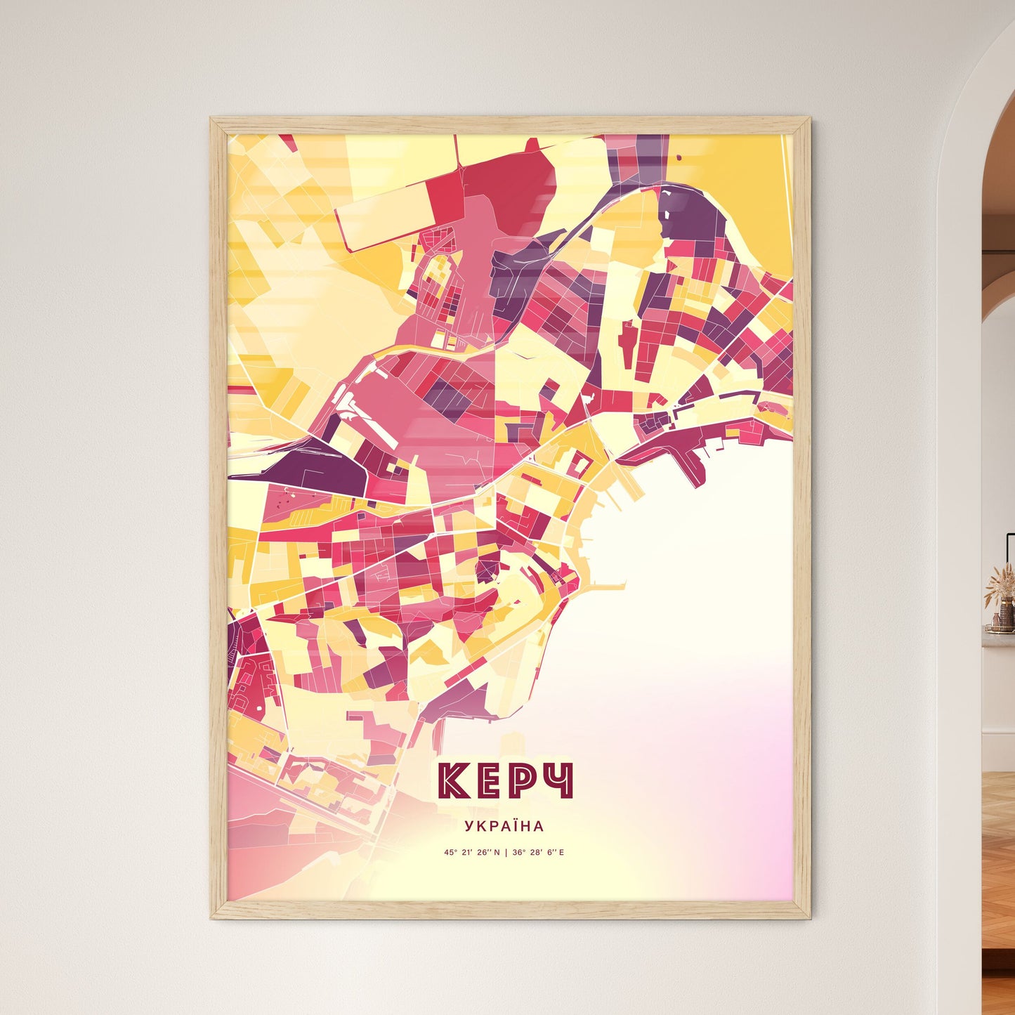 Colorful KERCH UKRAINE Fine Art Map Hot Red