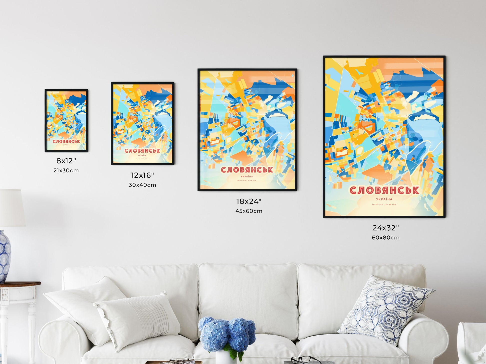 Colorful SLOVIANSK UKRAINE Fine Art Map Blue Orange