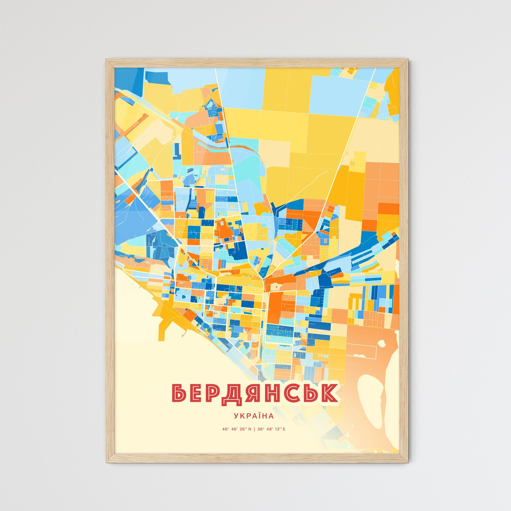 Colorful BERDIANSK UKRAINE Fine Art Map Blue Orange