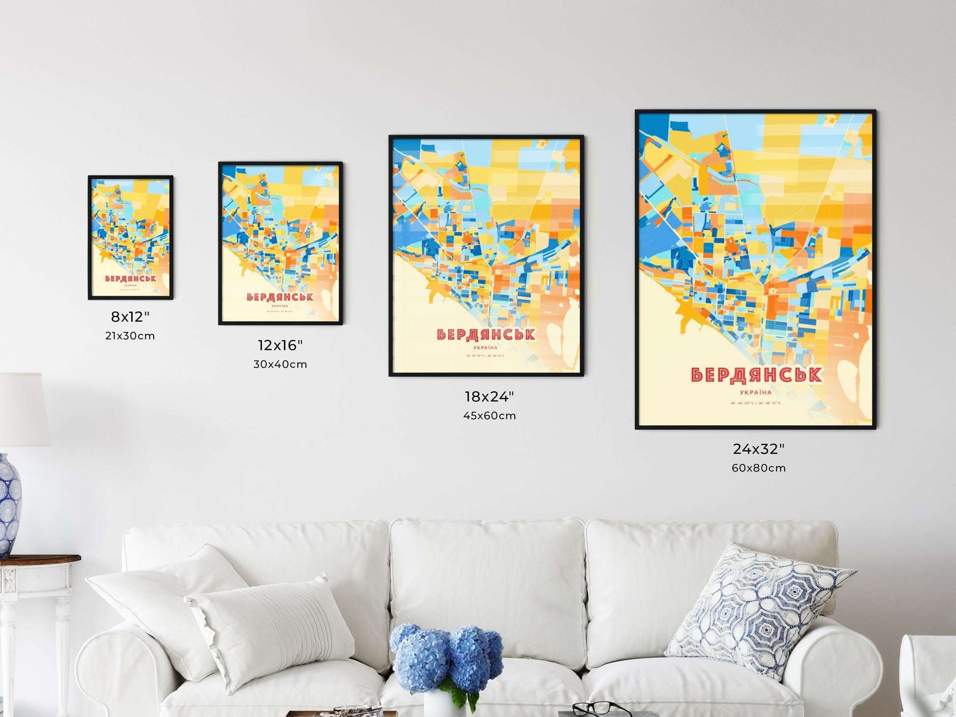 Colorful BERDIANSK UKRAINE Fine Art Map Blue Orange