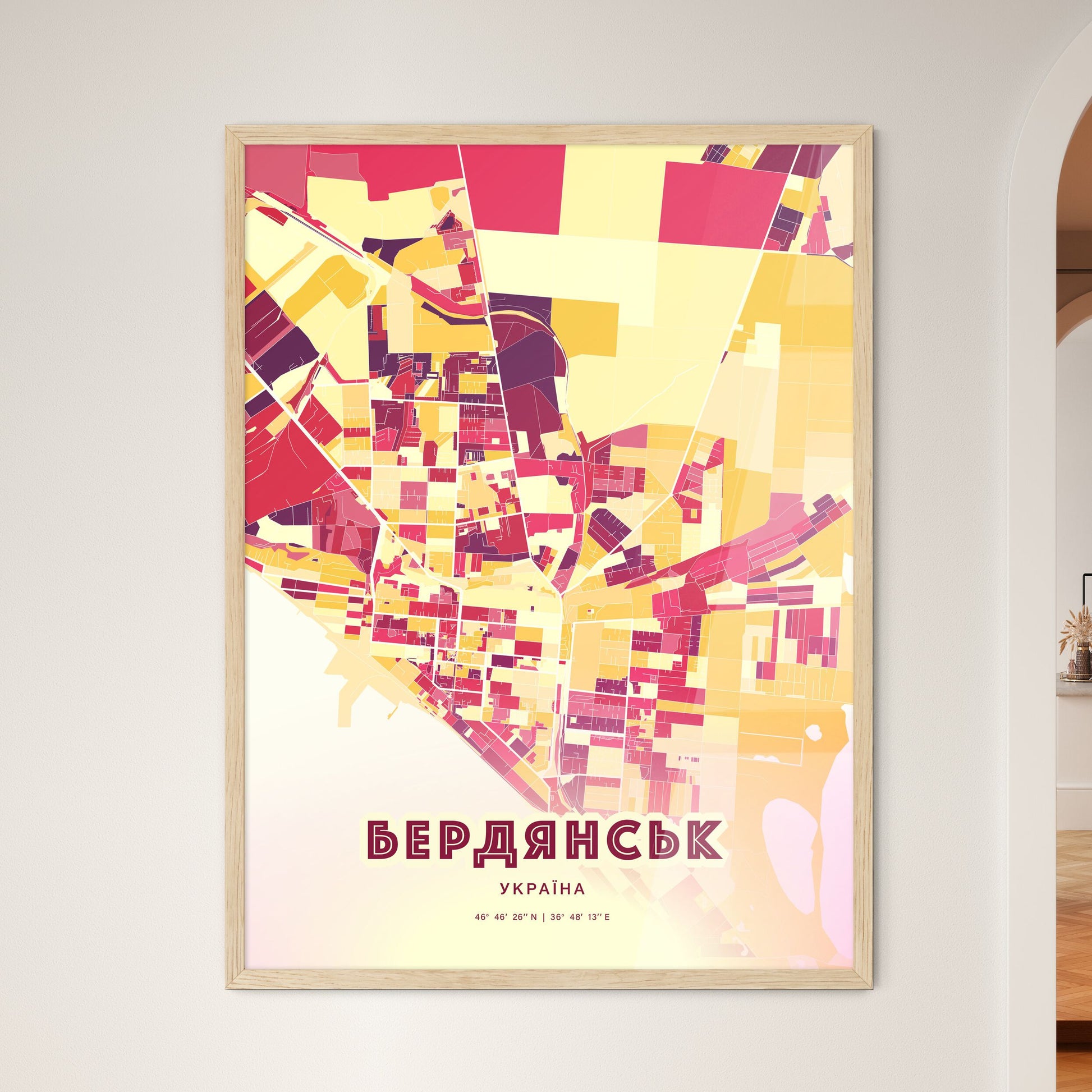 Colorful BERDIANSK UKRAINE Fine Art Map Hot Red