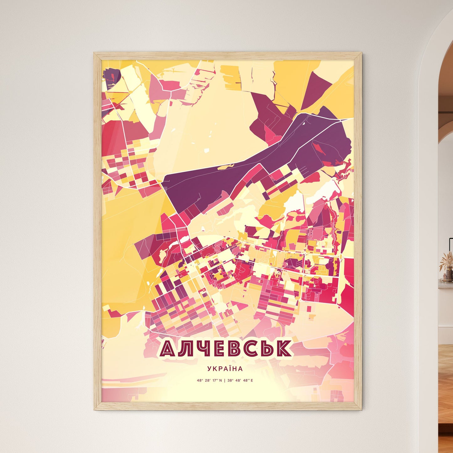 Colorful ALCHEVSK UKRAINE Fine Art Map Hot Red