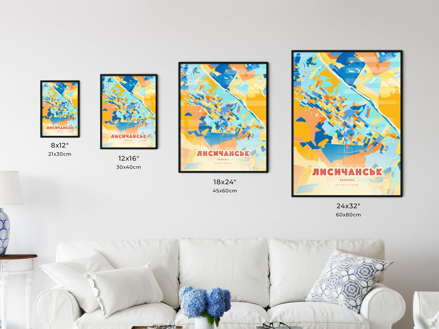 Colorful LYSYCHANSK UKRAINE Fine Art Map Blue Orange