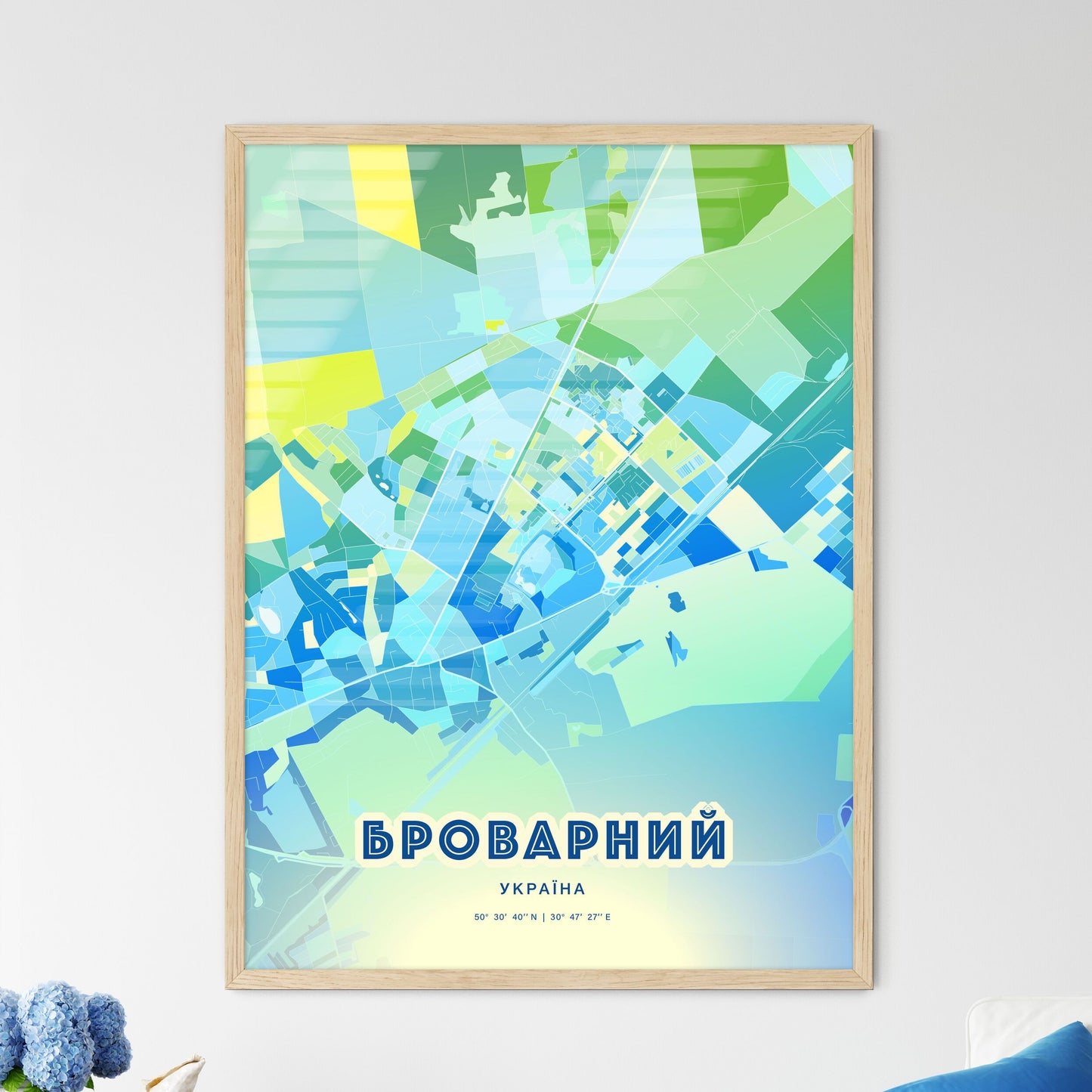 Colorful BROVARY UKRAINE Fine Art Map Cool Blue