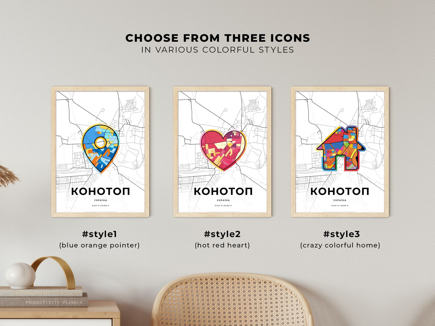 Konotop Ukraine maps with colorful icons