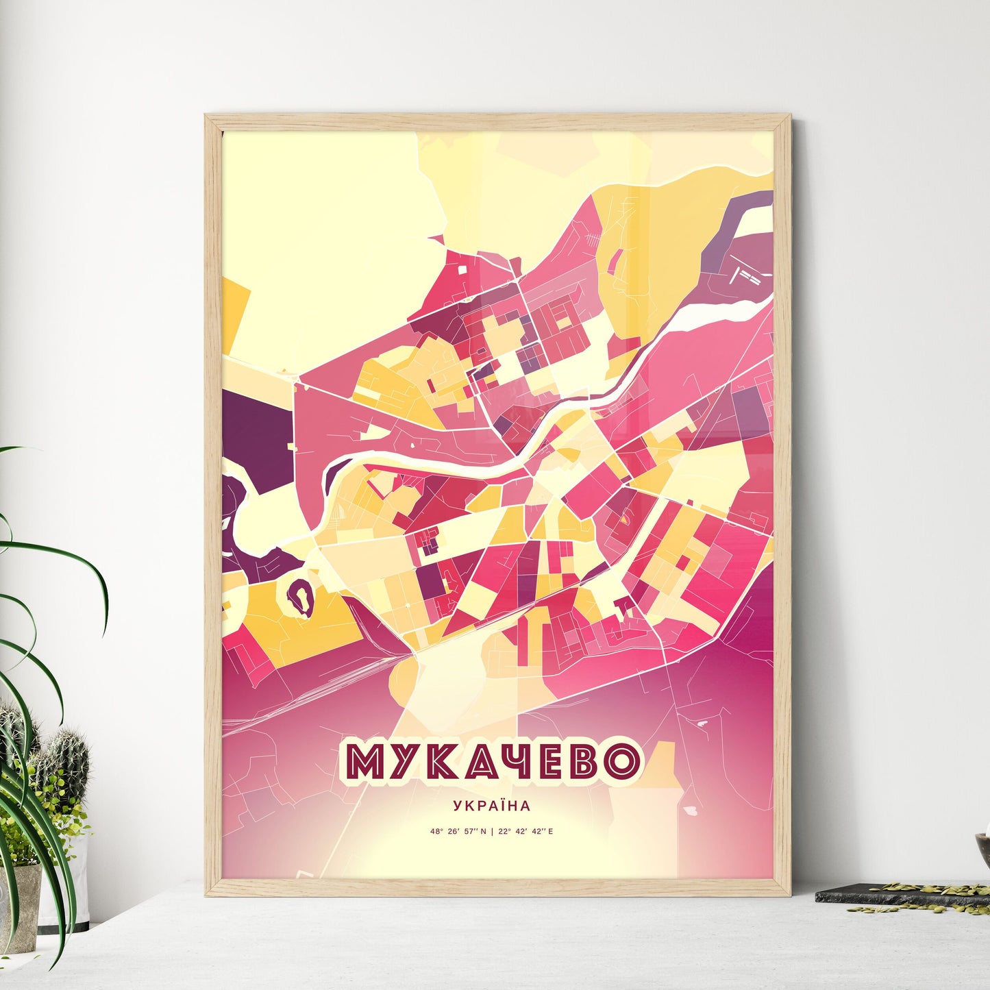 Colorful MUKACHEVO UKRAINE Fine Art Map Hot Red