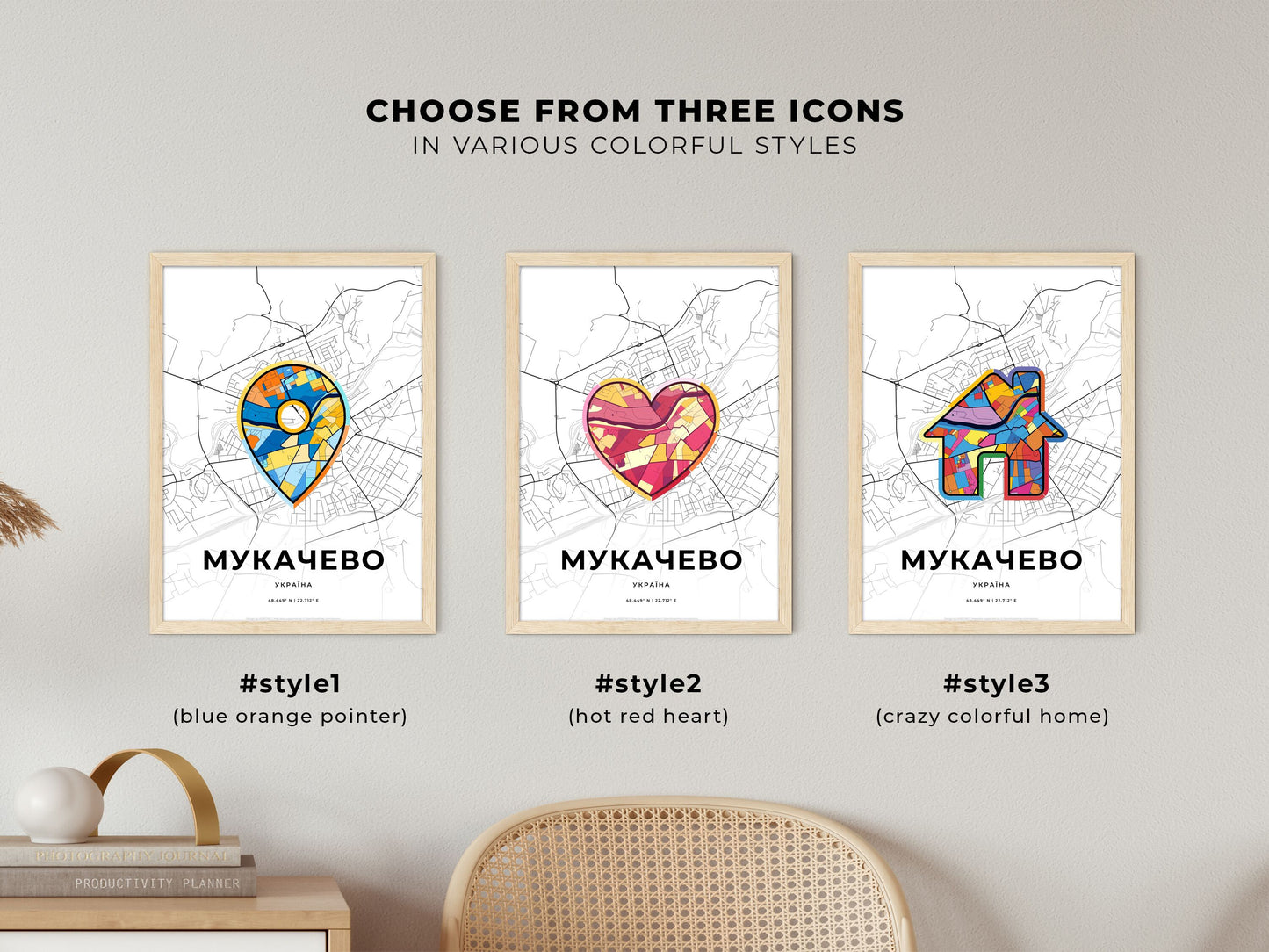 Mukachevo Ukraine maps with colorful icons
