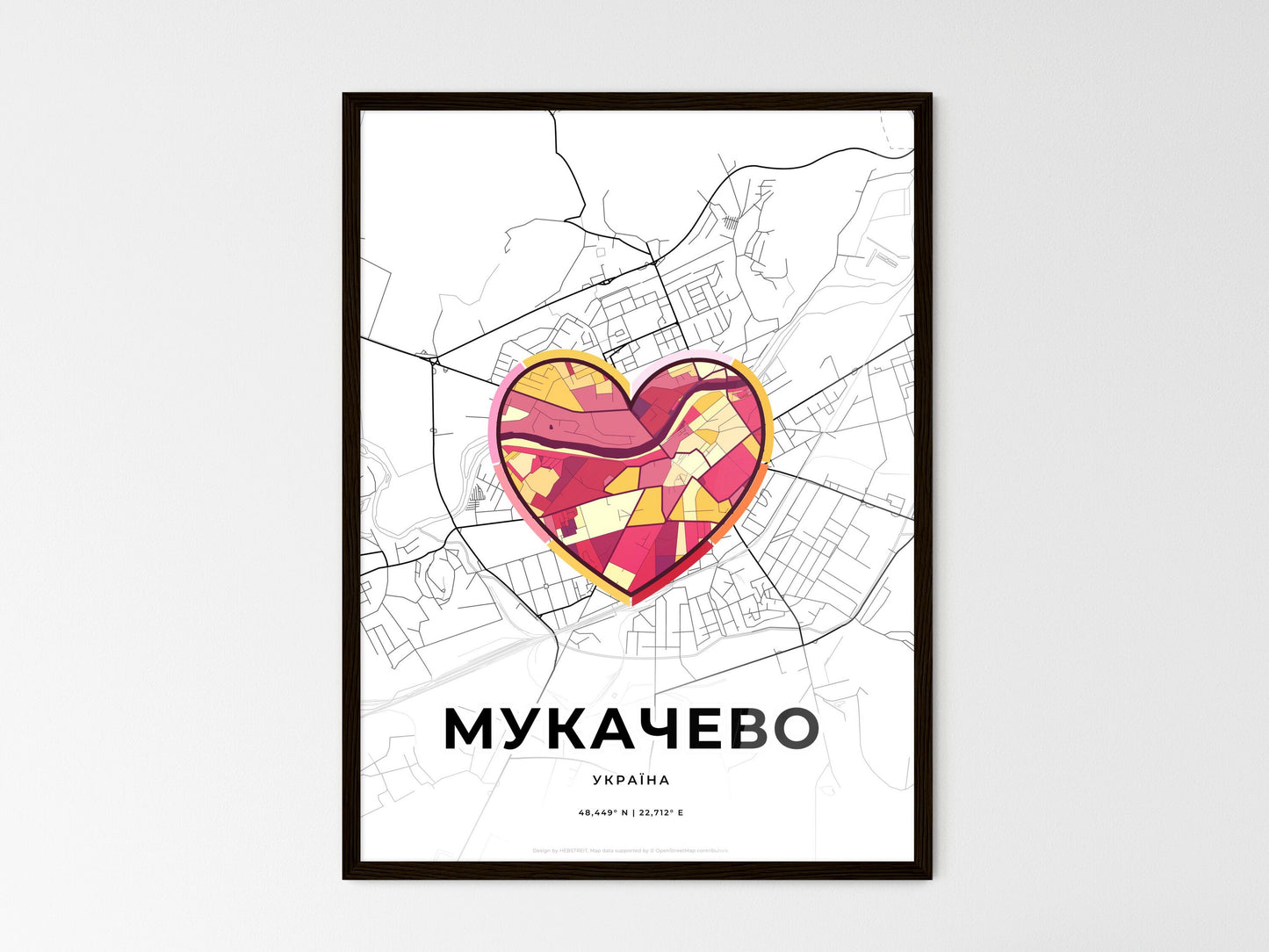 Mukachevo Ukraine wedding art map with heart icon