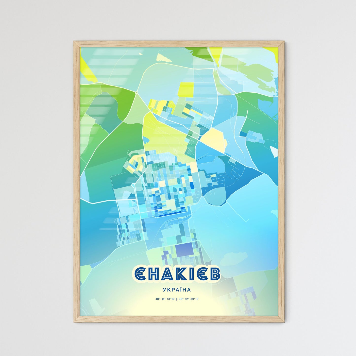 Colorful YENAKIIEVE UKRAINE Fine Art Map Cool Blue