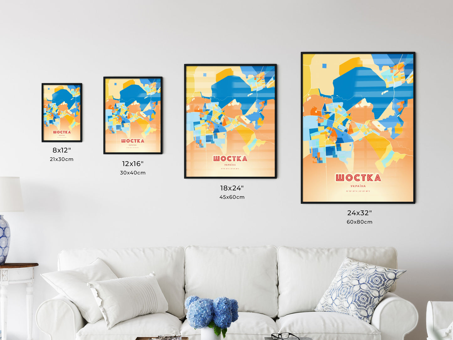 Colorful SHOSTKA UKRAINE Fine Art Map Blue Orange