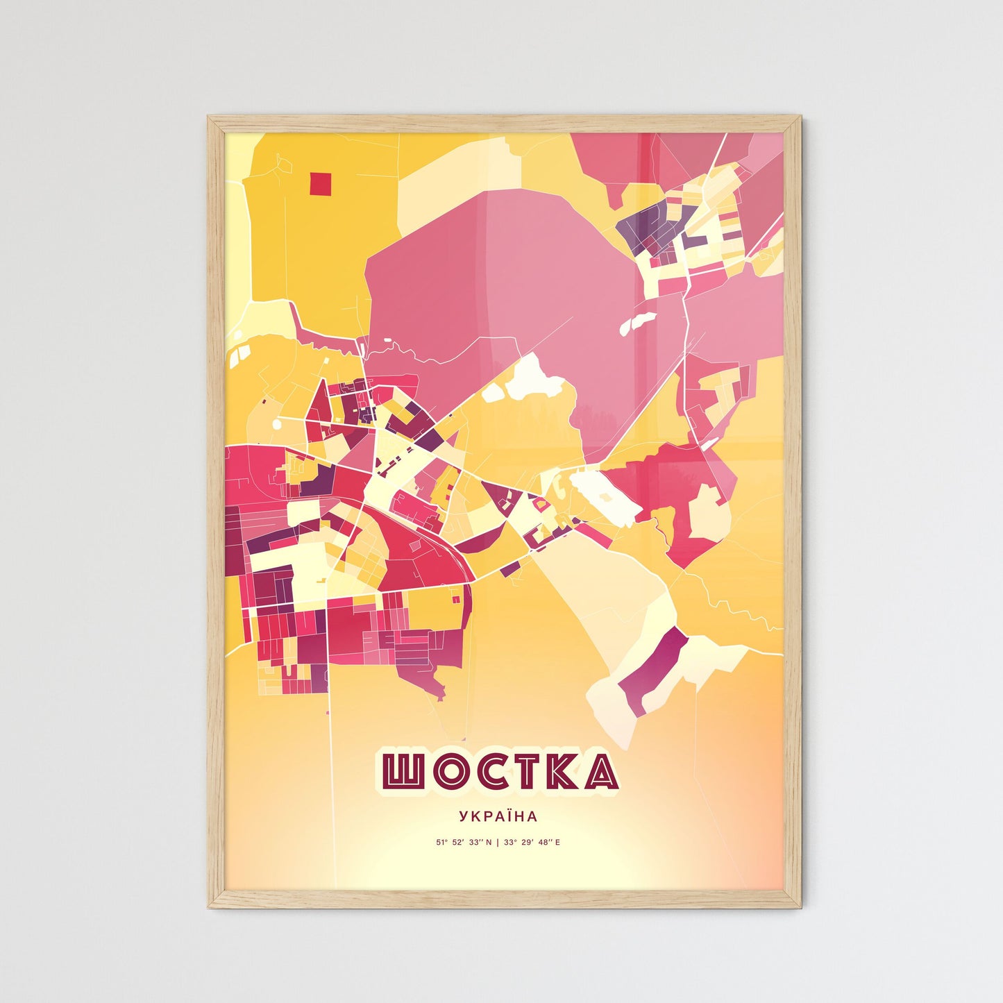 Colorful SHOSTKA UKRAINE Fine Art Map Hot Red