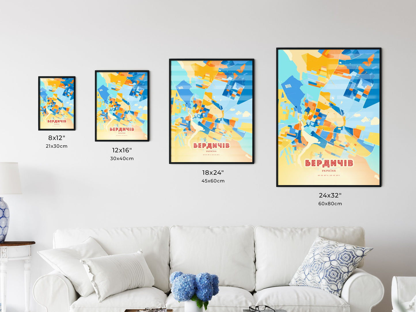 Colorful BERDYCHIV UKRAINE Fine Art Map Blue Orange