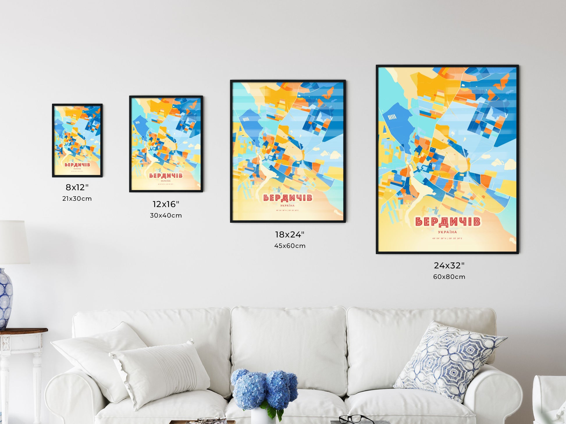 Colorful BERDYCHIV UKRAINE Fine Art Map Blue Orange