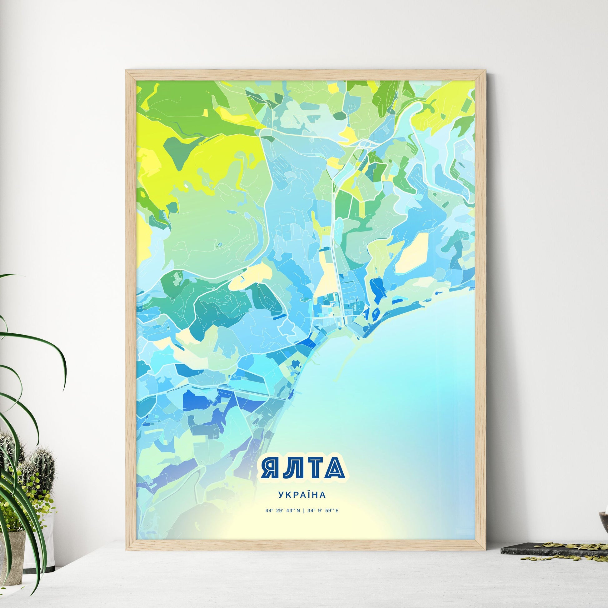 Colorful YALTA UKRAINE Fine Art Map Cool Blue