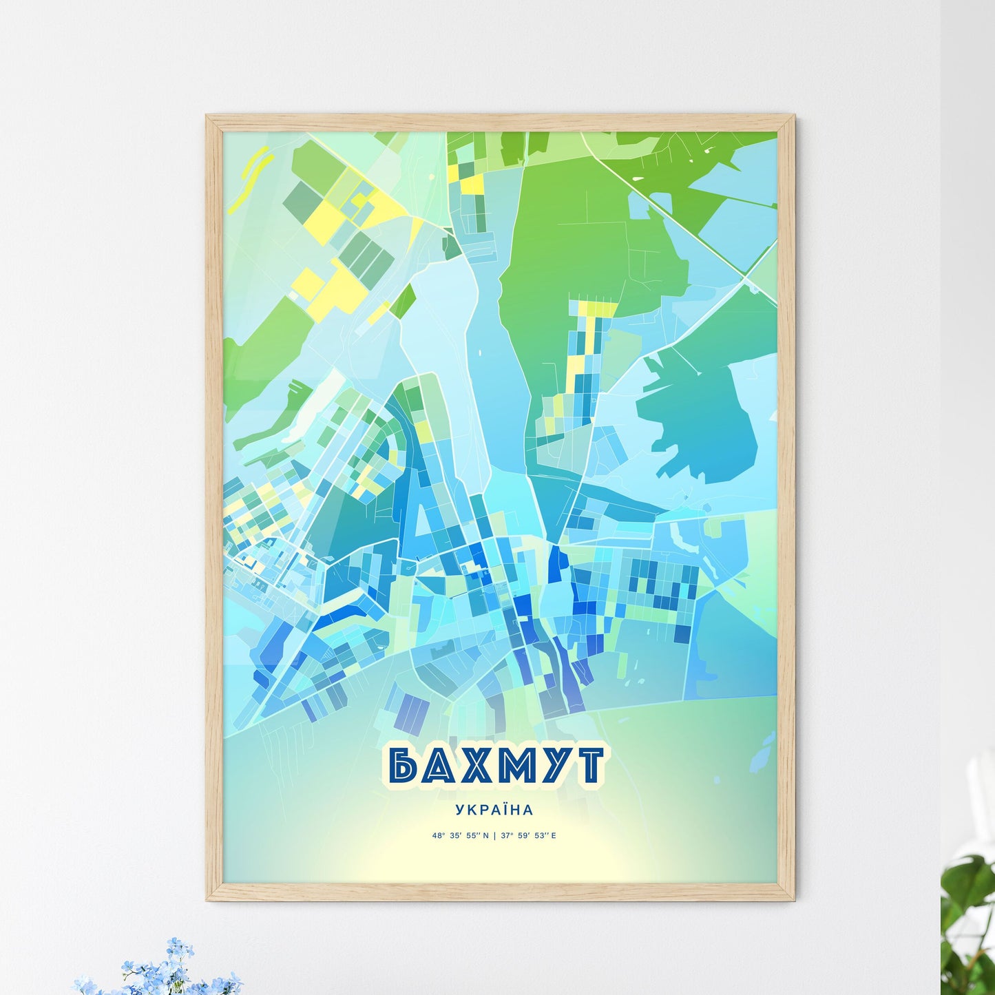 Colorful BAKHMUT UKRAINE Fine Art Map Cool Blue