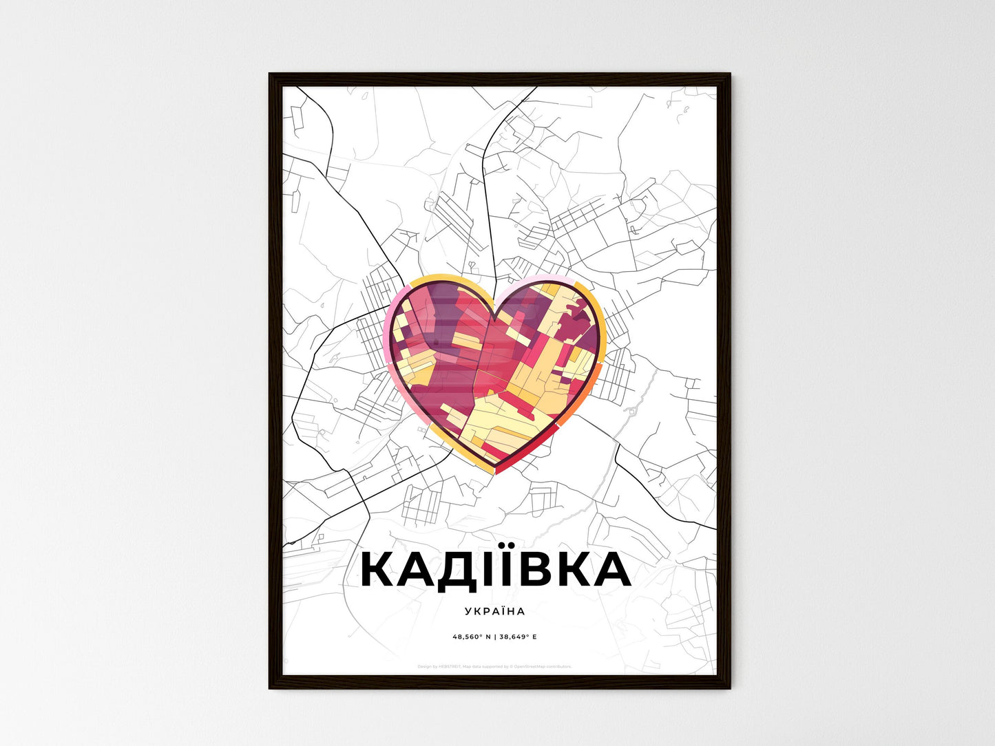 Kadiyivka Ukraine wedding art map with heart icon