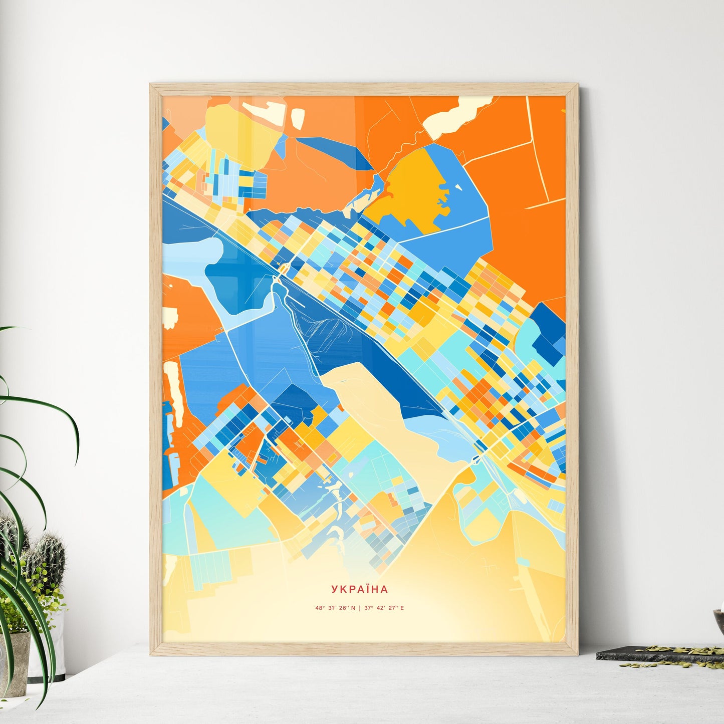 Colorful KOSTIANTYNIVKA UKRAINE Fine Art Map Blue Orange