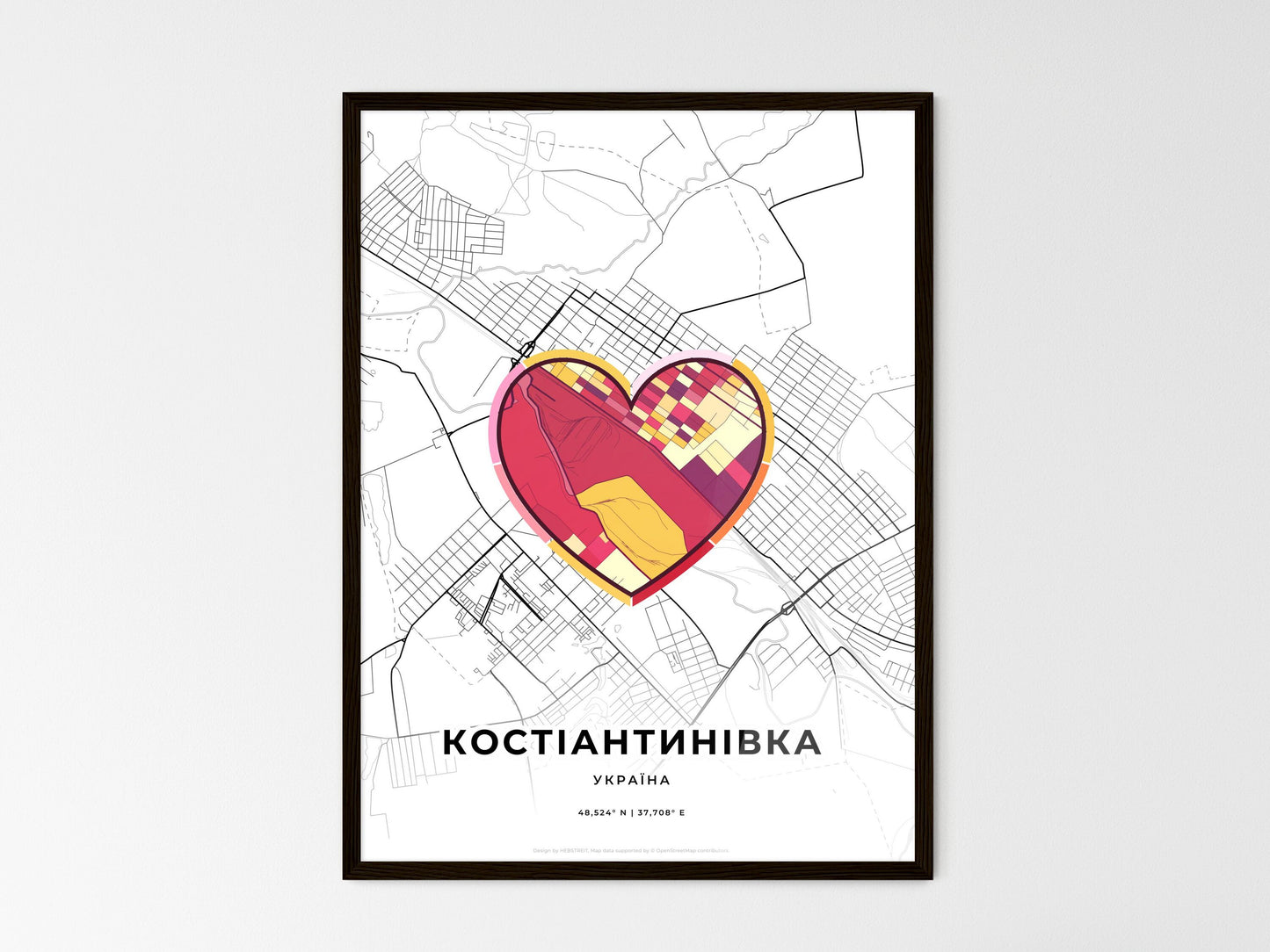 Kostiantynivka Ukraine wedding art map with heart icon