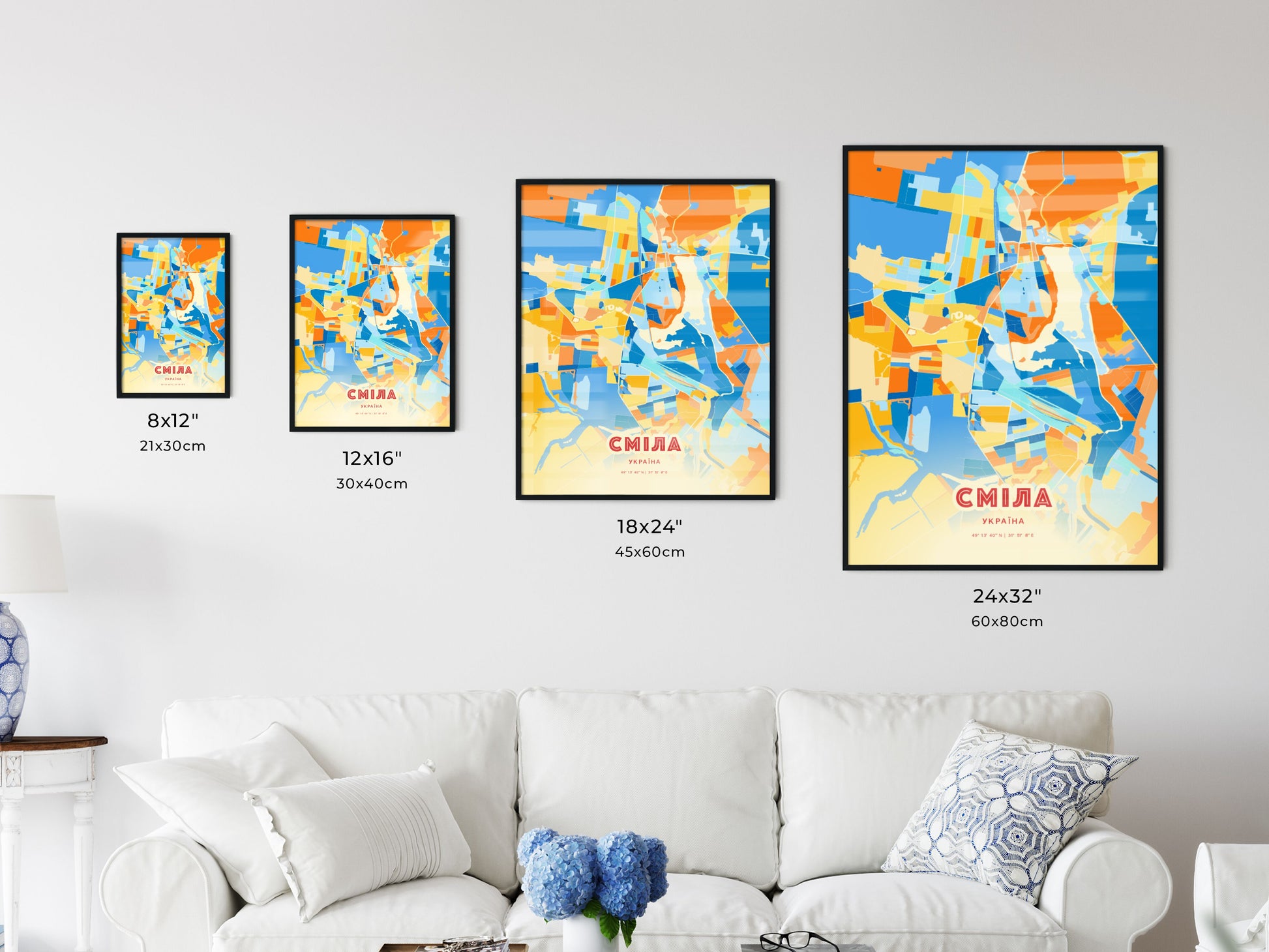 Colorful SMILA UKRAINE Fine Art Map Blue Orange