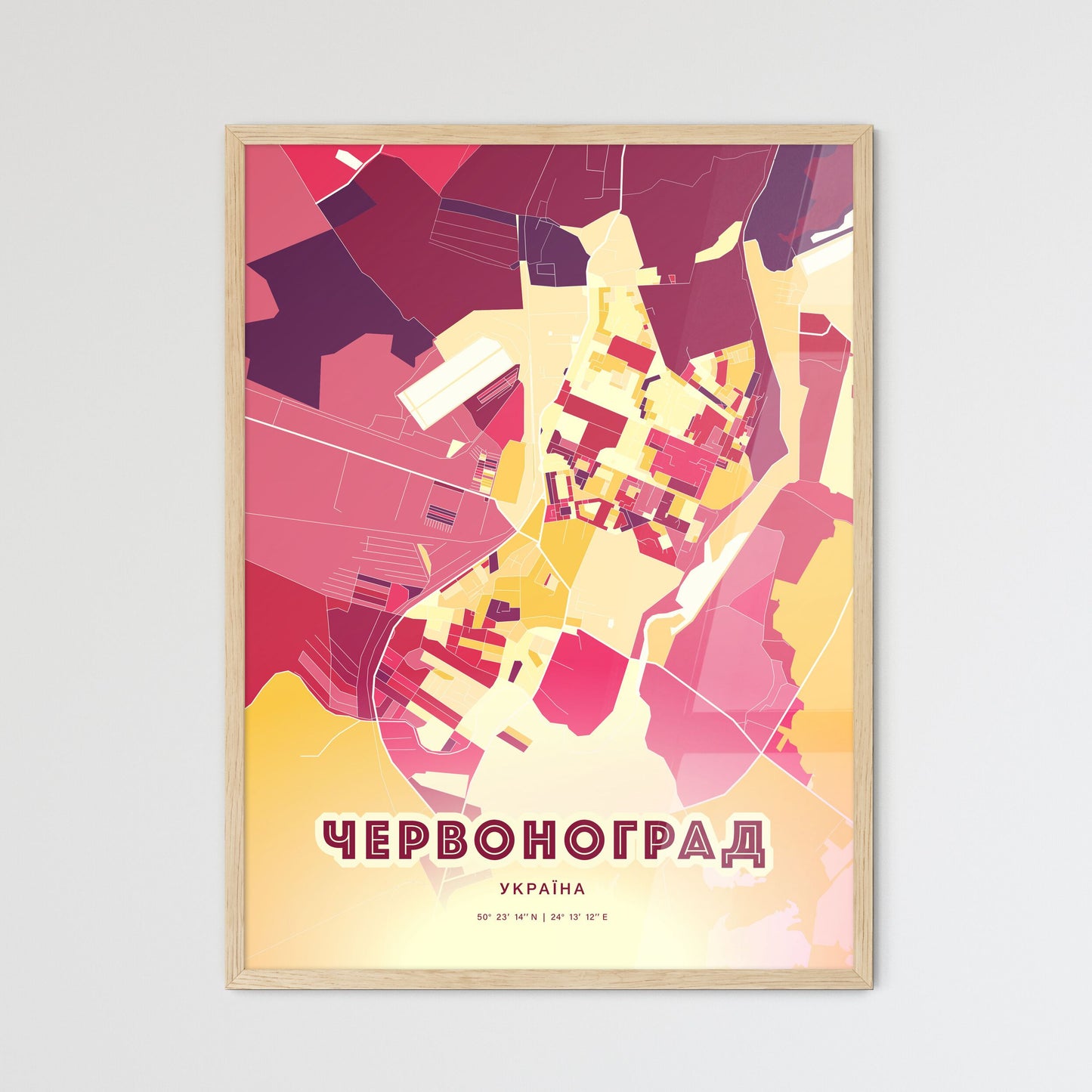 Colorful CHERVONOHRAD UKRAINE Fine Art Map Hot Red