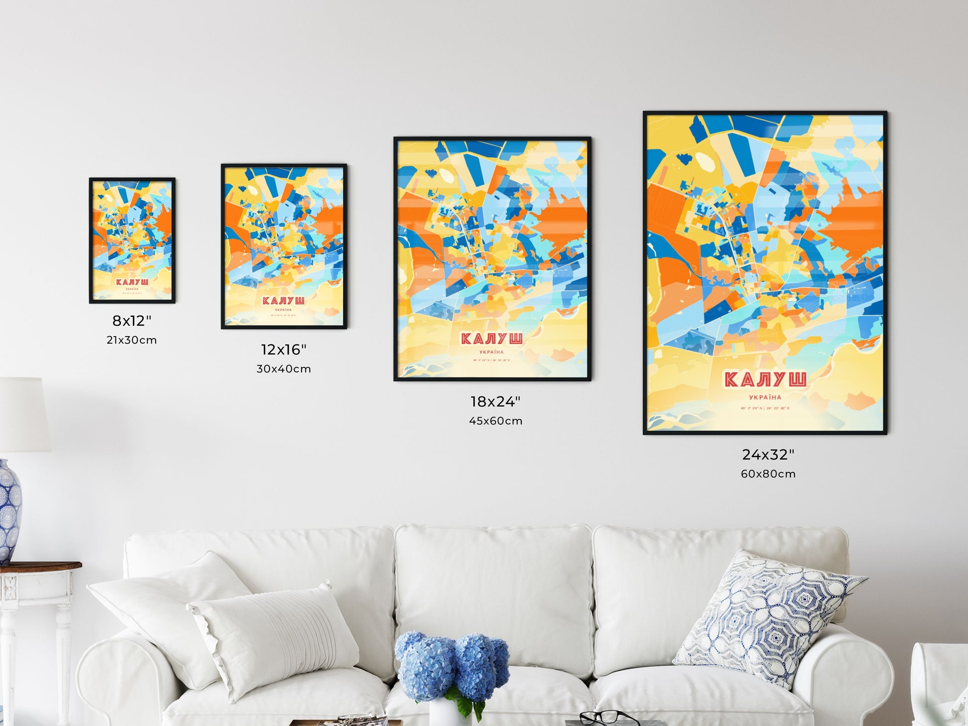 Colorful KALUSH UKRAINE Fine Art Map Blue Orange