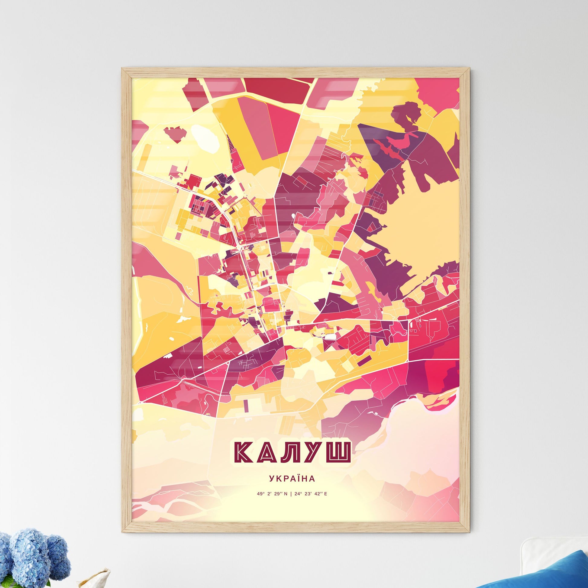 Colorful KALUSH UKRAINE Fine Art Map Hot Red