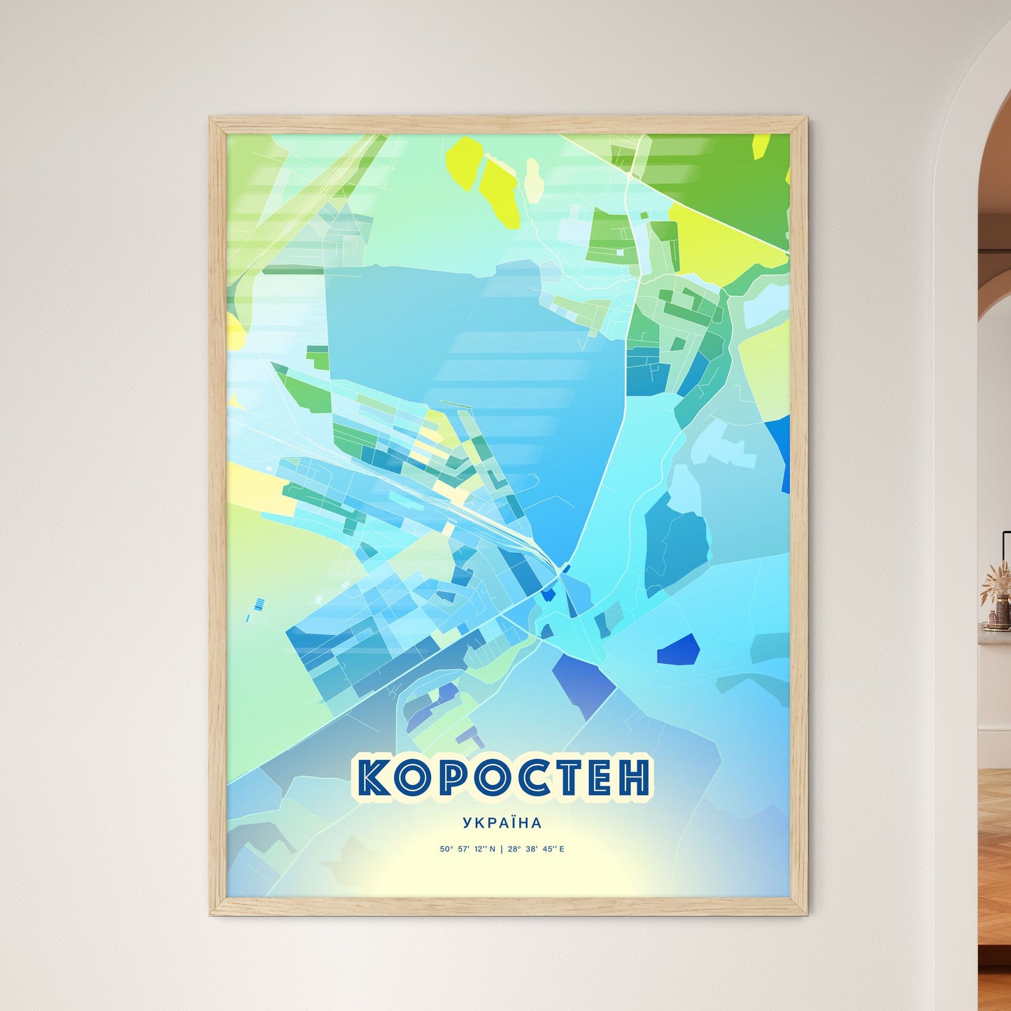 Colorful KOROSTEN UKRAINE Fine Art Map Cool Blue