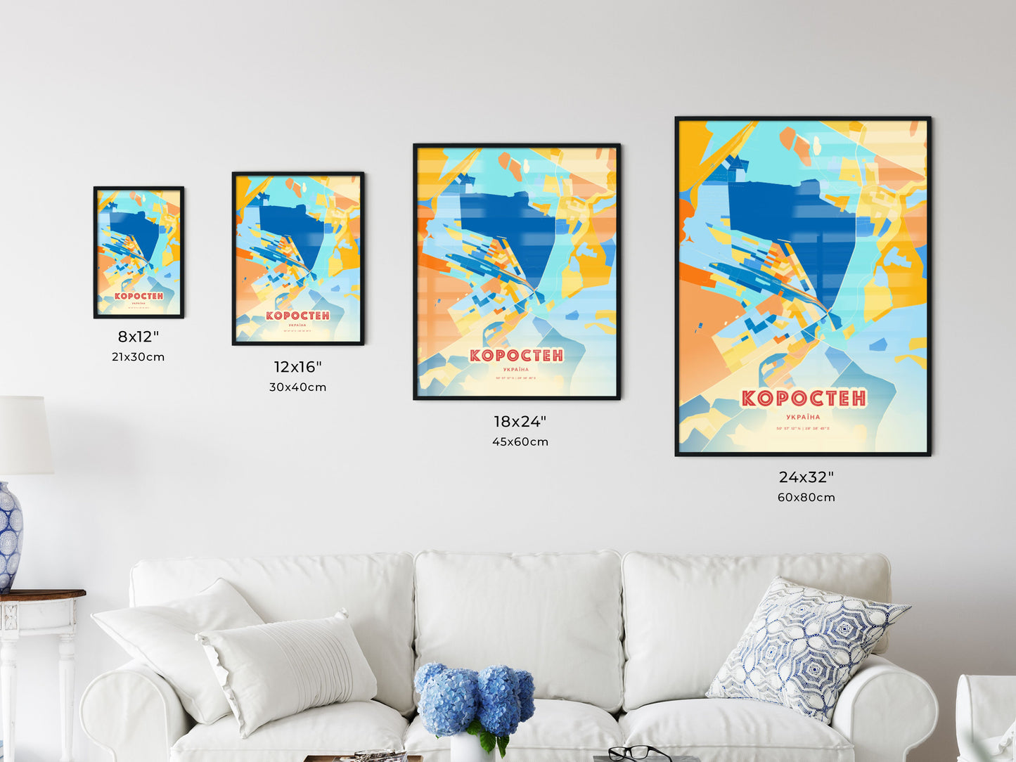 Colorful KOROSTEN UKRAINE Fine Art Map Blue Orange